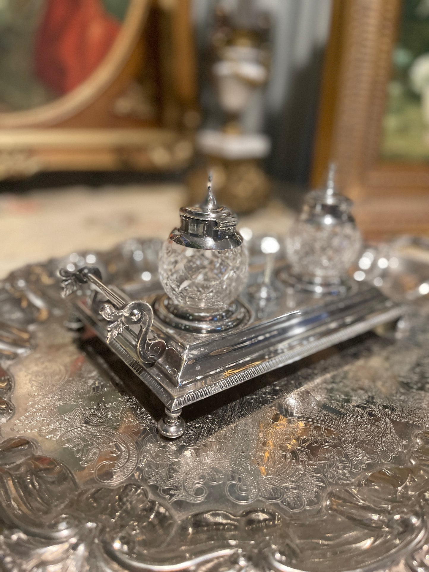 Classic Silver Plate and Cut Crystal Ink Well, Estate Decor