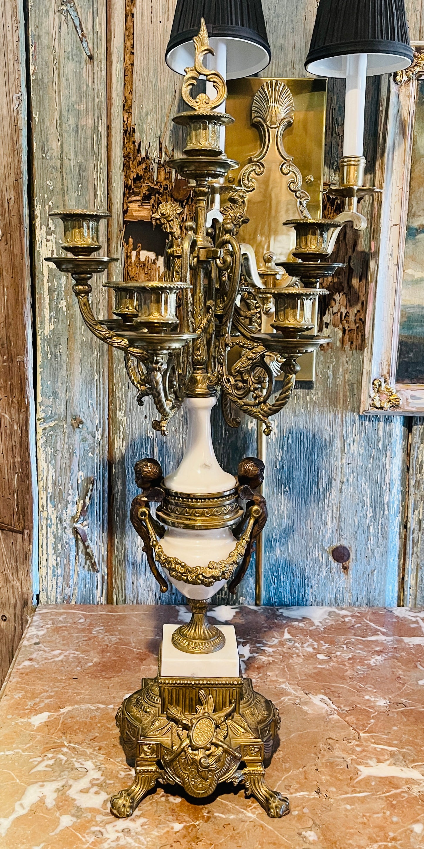 Italian Bronze & Marble Candelabra Clock Garniture Set, Putti & Neoclassical Cherub Motifs, Gilded Age Grandeur