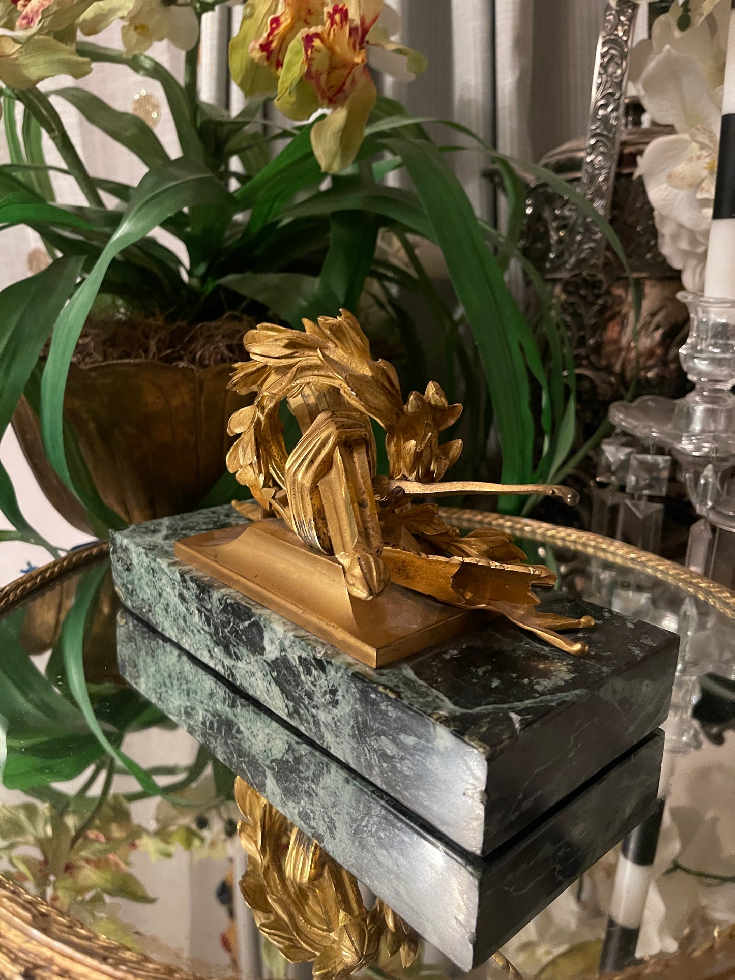 Antique French Gilt Bronze Desk Ornament on Green Marble | Louis XVI Laurel Wreath with Torch