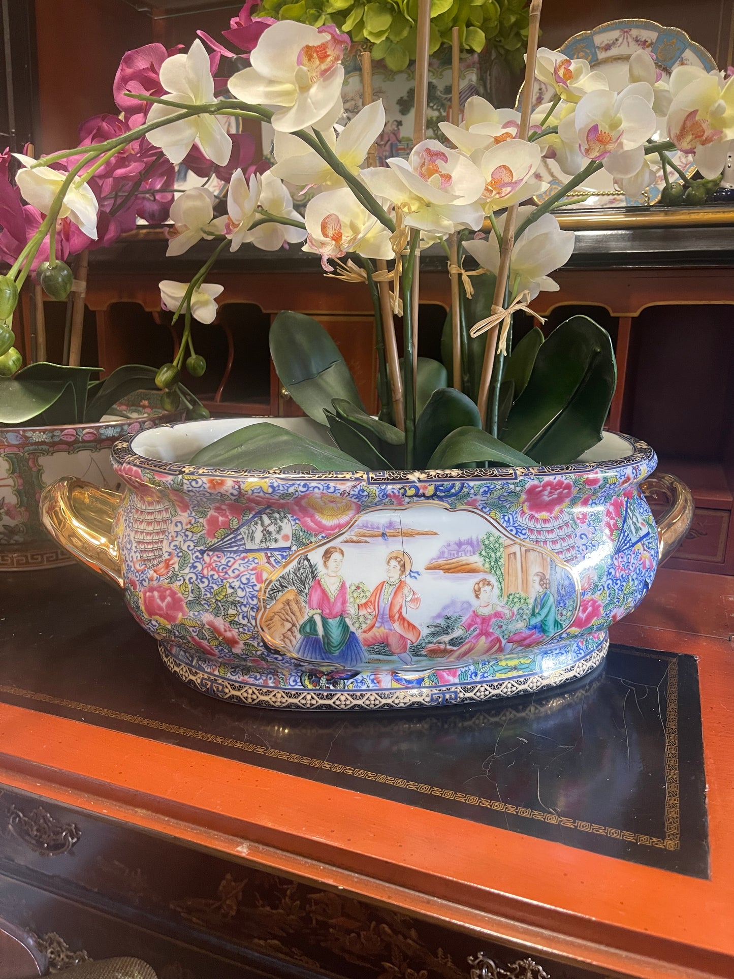 Vintage French Courting Scene Footbath, Vibrant Chinoiserie Detail