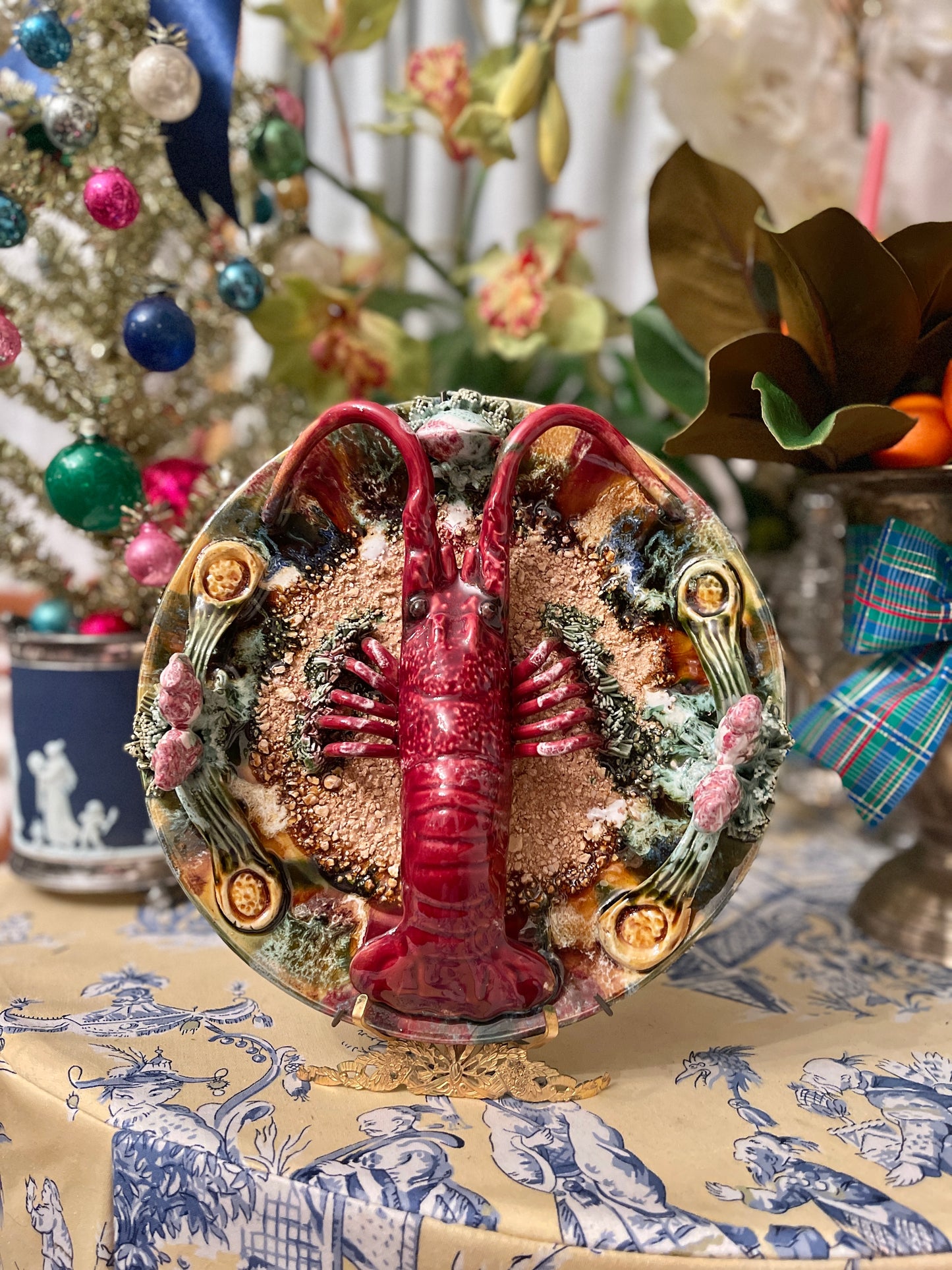 Vintage Majolica Palissy Style Lobster Plate, Estate Decor