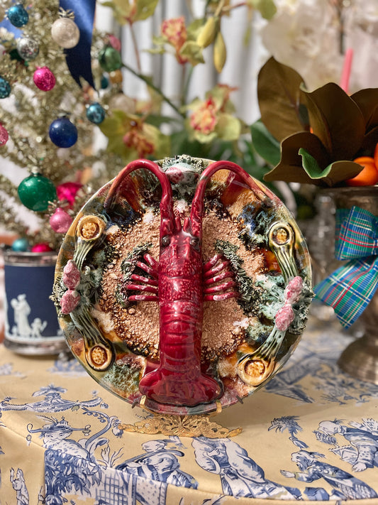 Vintage Majolica Palissy Style  Lobster Plate, Estate Decor