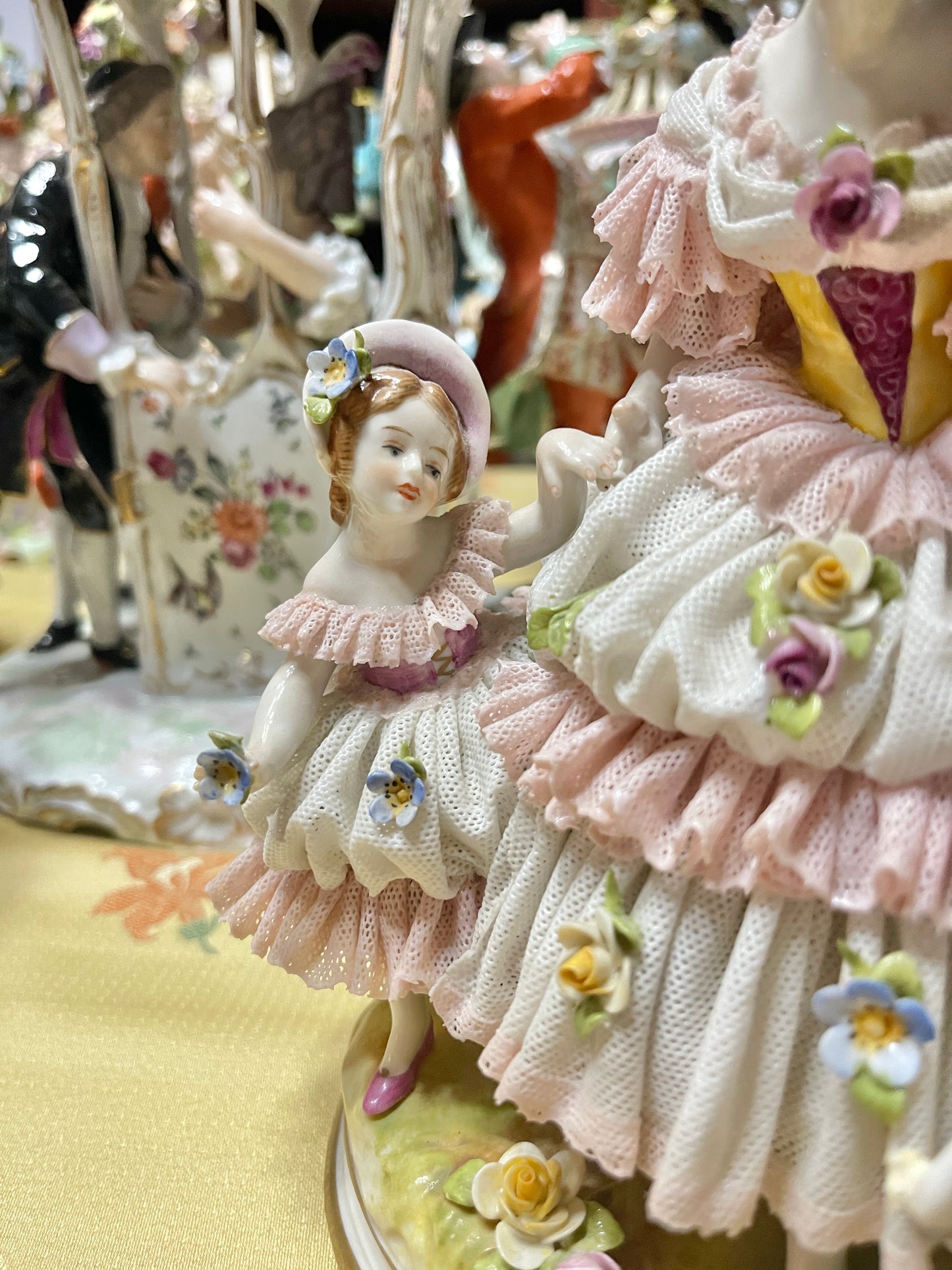 Antique Dresden Lace Porcelain Figurine Group | Mother & Daughters with Frolicking Goat | Pink & White Rococo Dress Scene