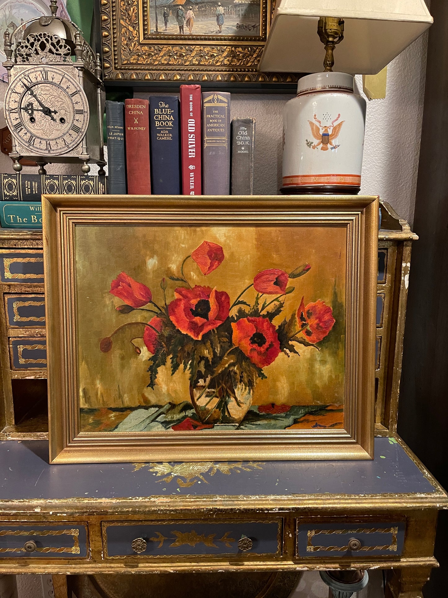 Vintage Poppies Painting, Oil on Board