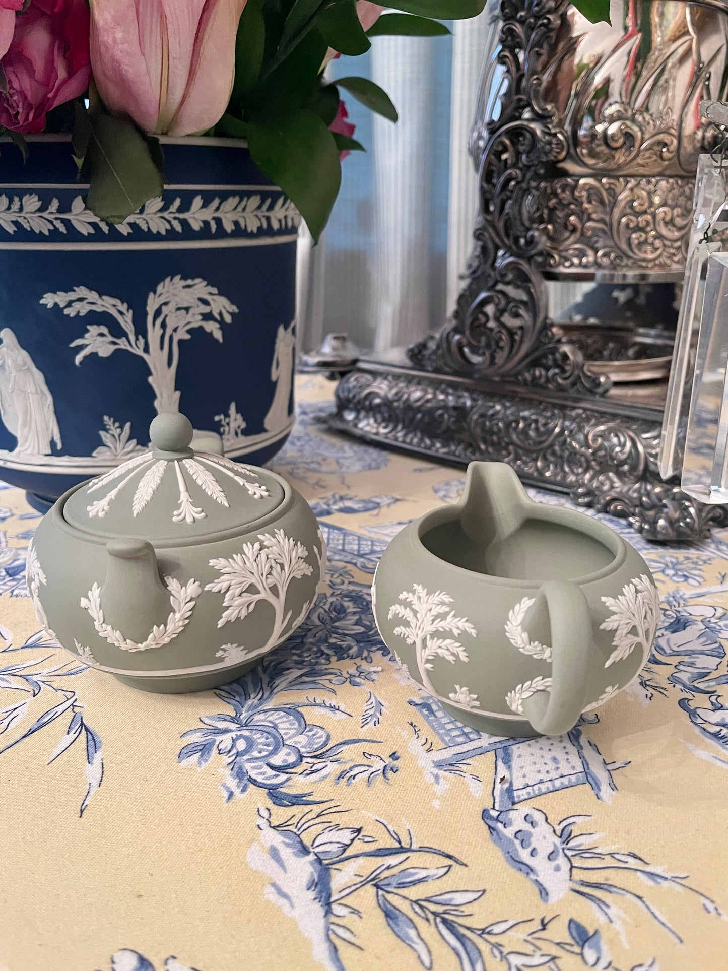 Wedgwood Cream and Lidded Sugar Bowl Set, Cream on Celadon Jasperware, Vintage