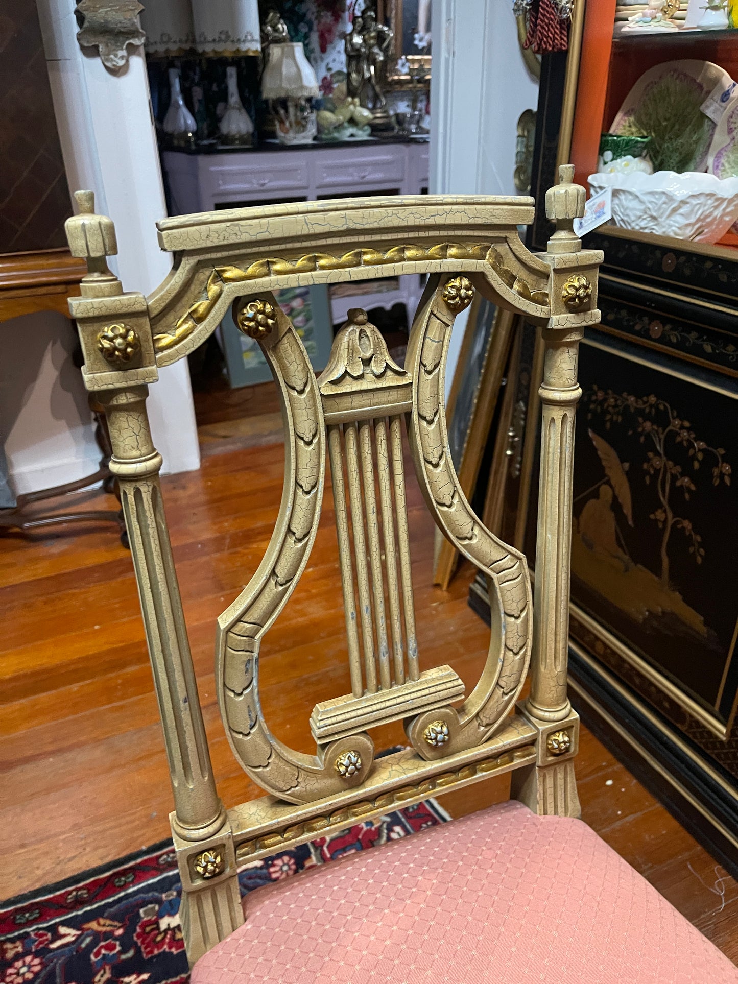 Pair of Antique Neoclassical Lyre Back Chairs – Carved Gilt Accents & Blush Upholstery *Pick Up Only*