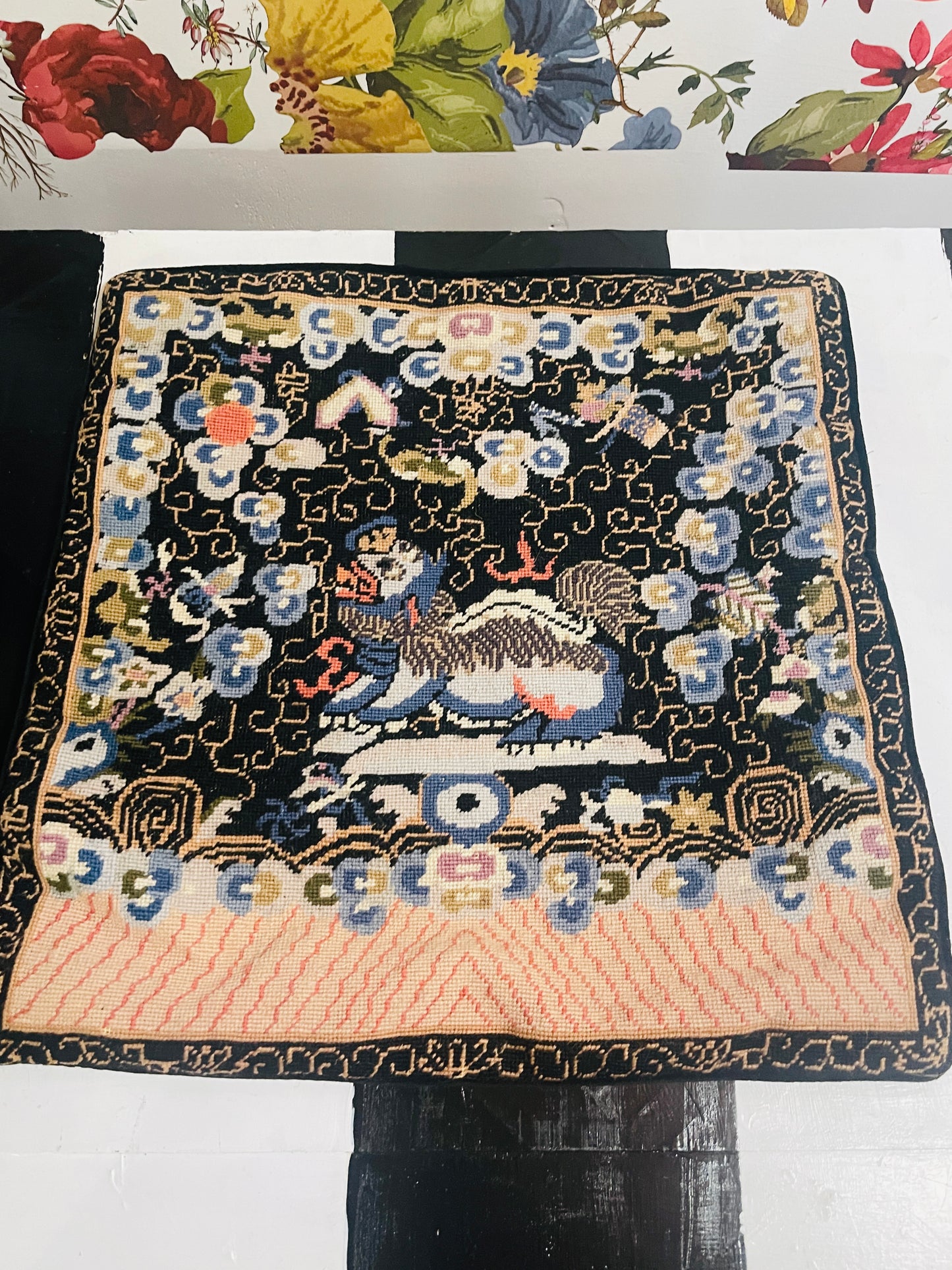 Vintage Chinoiserie Needlepoint Foo Dog Pillow Cover