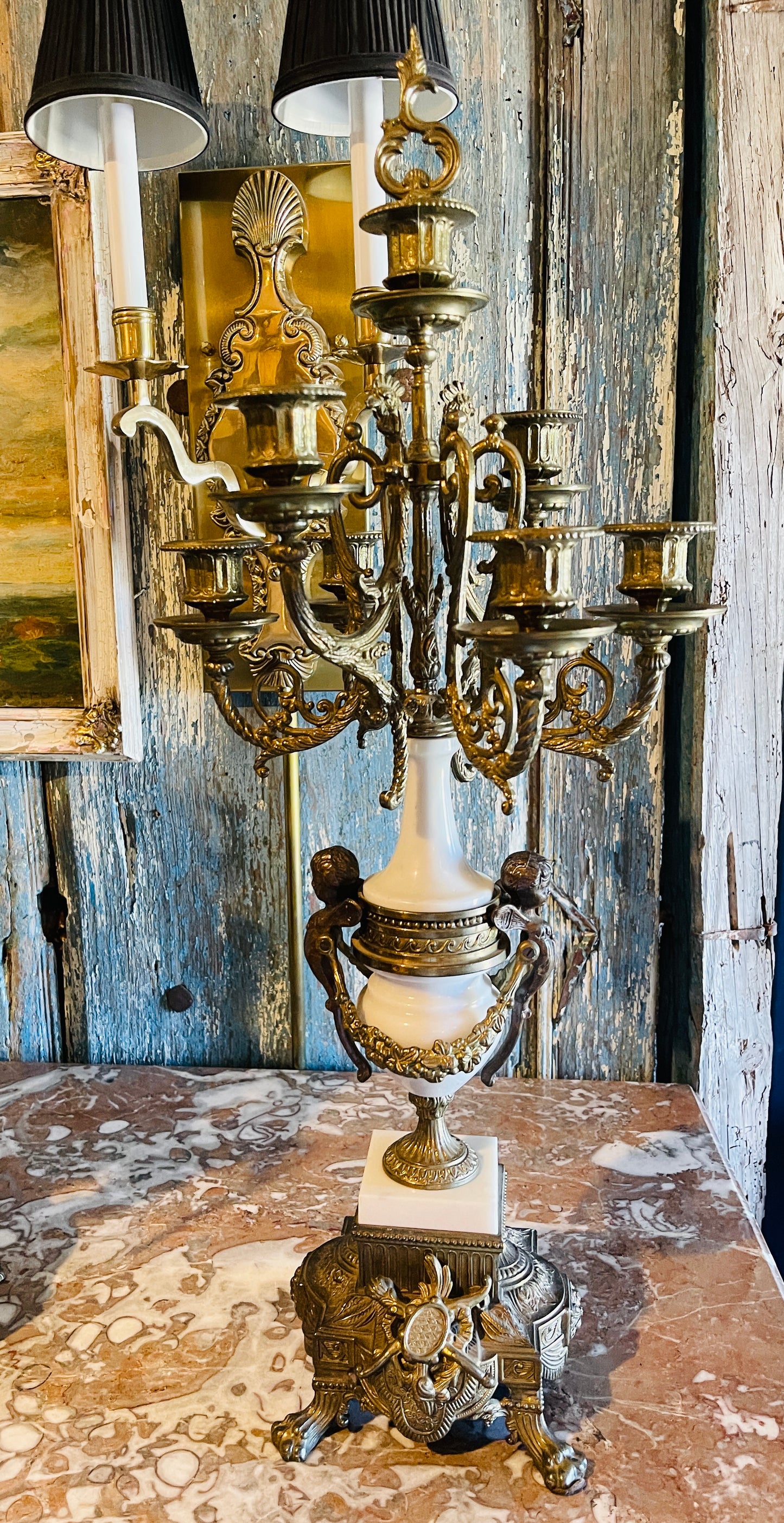 Italian Bronze & Marble Candelabra Clock Garniture Set, Putti & Neoclassical Cherub Motifs, Gilded Age Grandeur