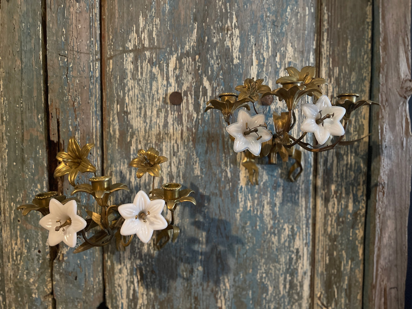 Antique French Church Gold Tole and Milk Glass Wall Sconces, Pair
