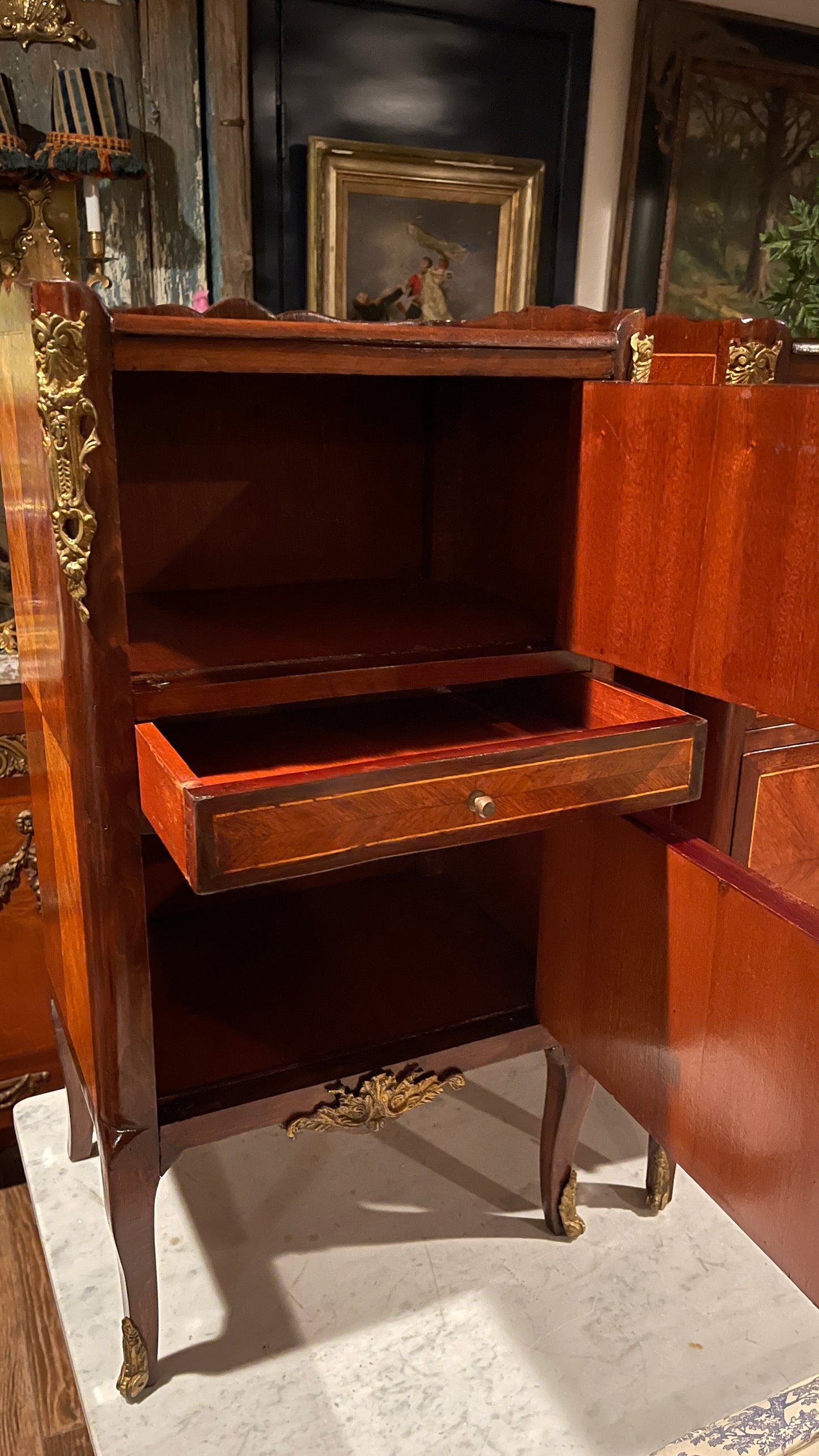 Pair of French Louis XV Style Leather Faux Book Front Bedside Cabinets | Ormolu Mounted Mahogany & Parquetry Side Tables