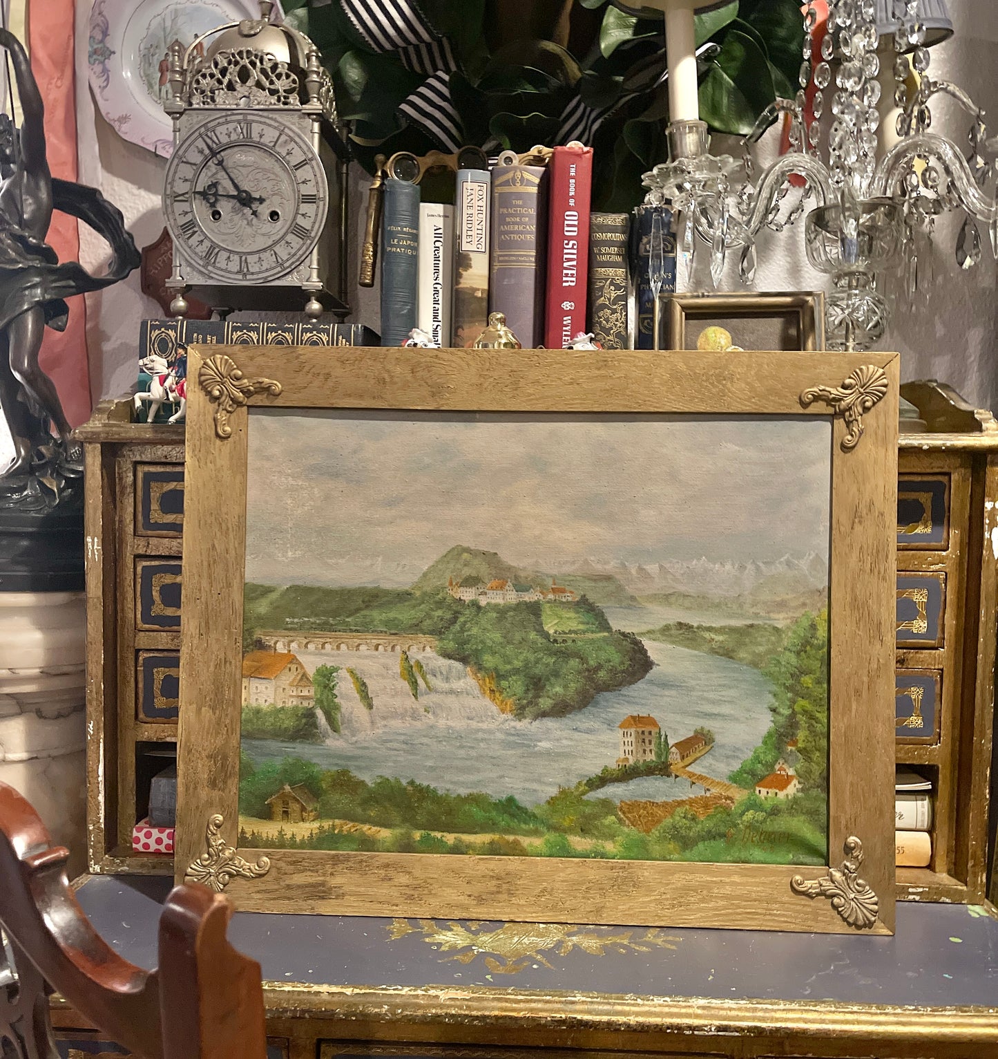 Antique Painting of the Rhine River in the Swiss Alps #1, Signed and Dated, Framed