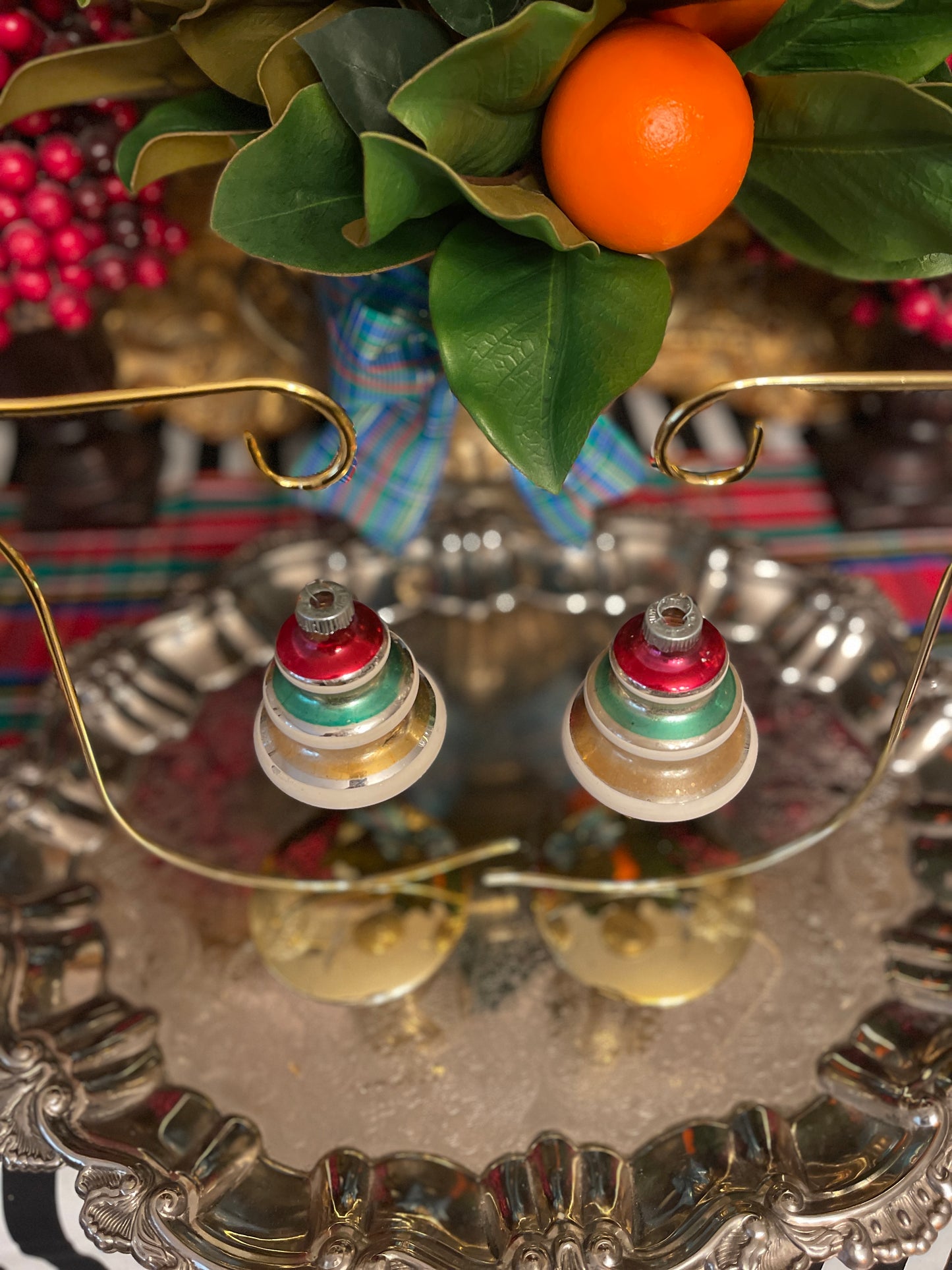 Vintage Shiny Brite Striped Mica UFO Tree Ornament Pair, Mid Century, Holiday Estate Decor