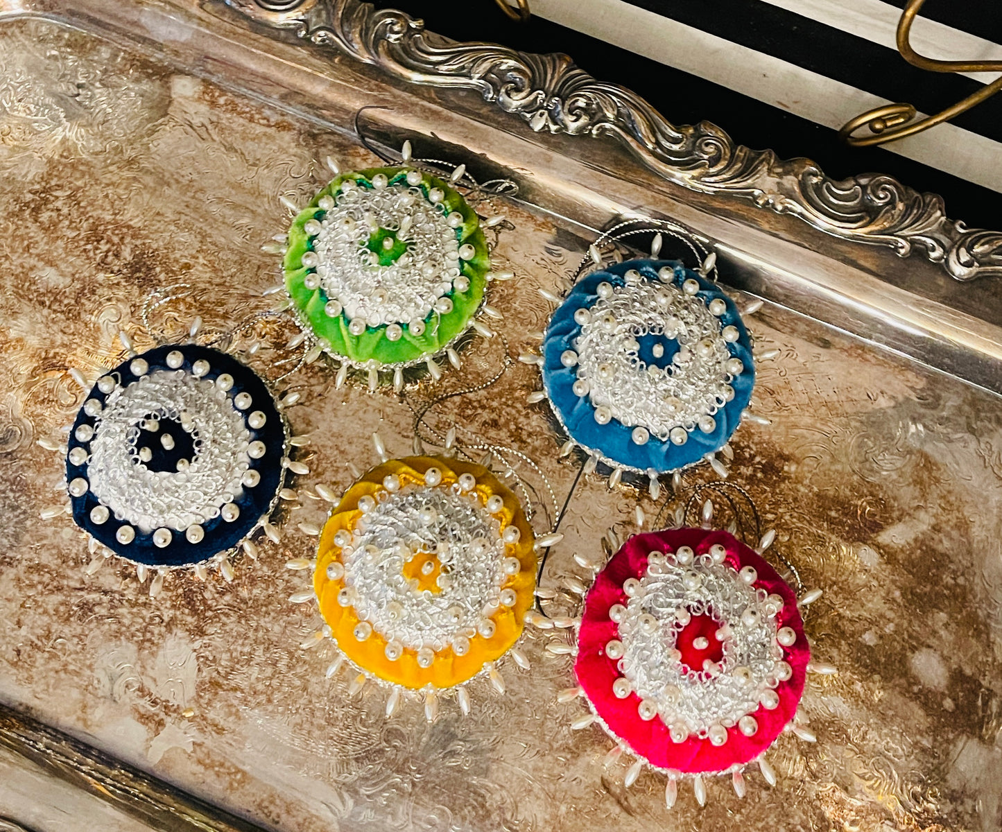 Set of 5 Multi Colored Velvet, Pearl, and Silver Push Pin Christmas Ornaments-Pink, Navy, Gold, Green, and Turquoisey Blue with Silver and Pearl, TWO SETS AVAILABLE