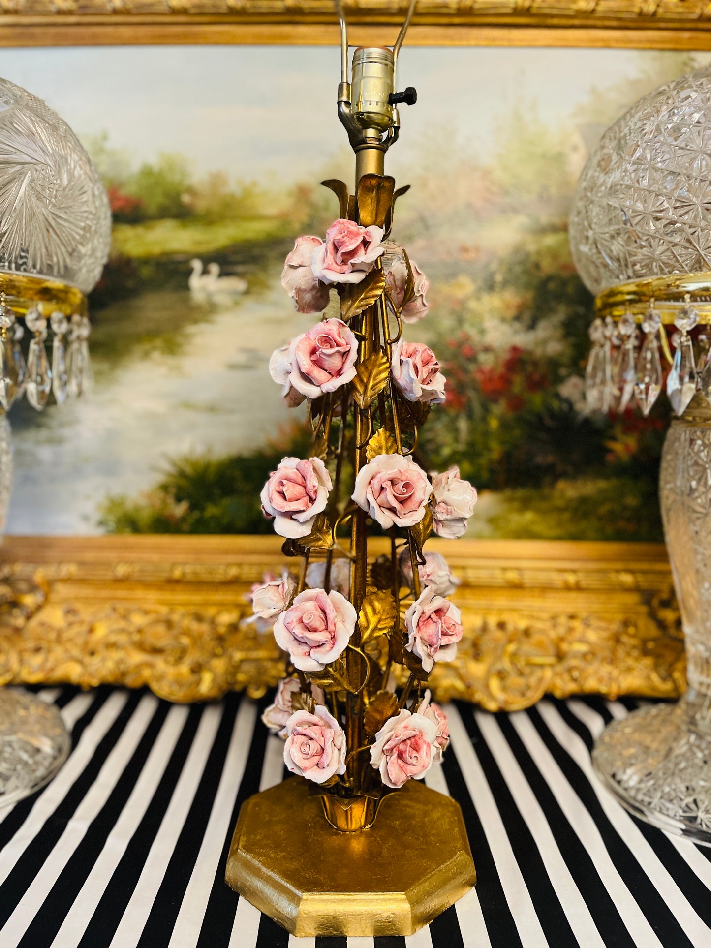 Vintage Italian Gilt Tole Lamp with Pink Porcelain CAPOdimonte Roses