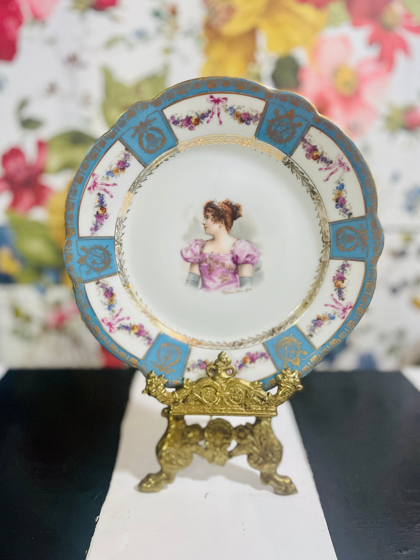 Antique Sèvres Style Madame Sans-Géne Napoleonic Plate, Gilded Blue on Whirmte