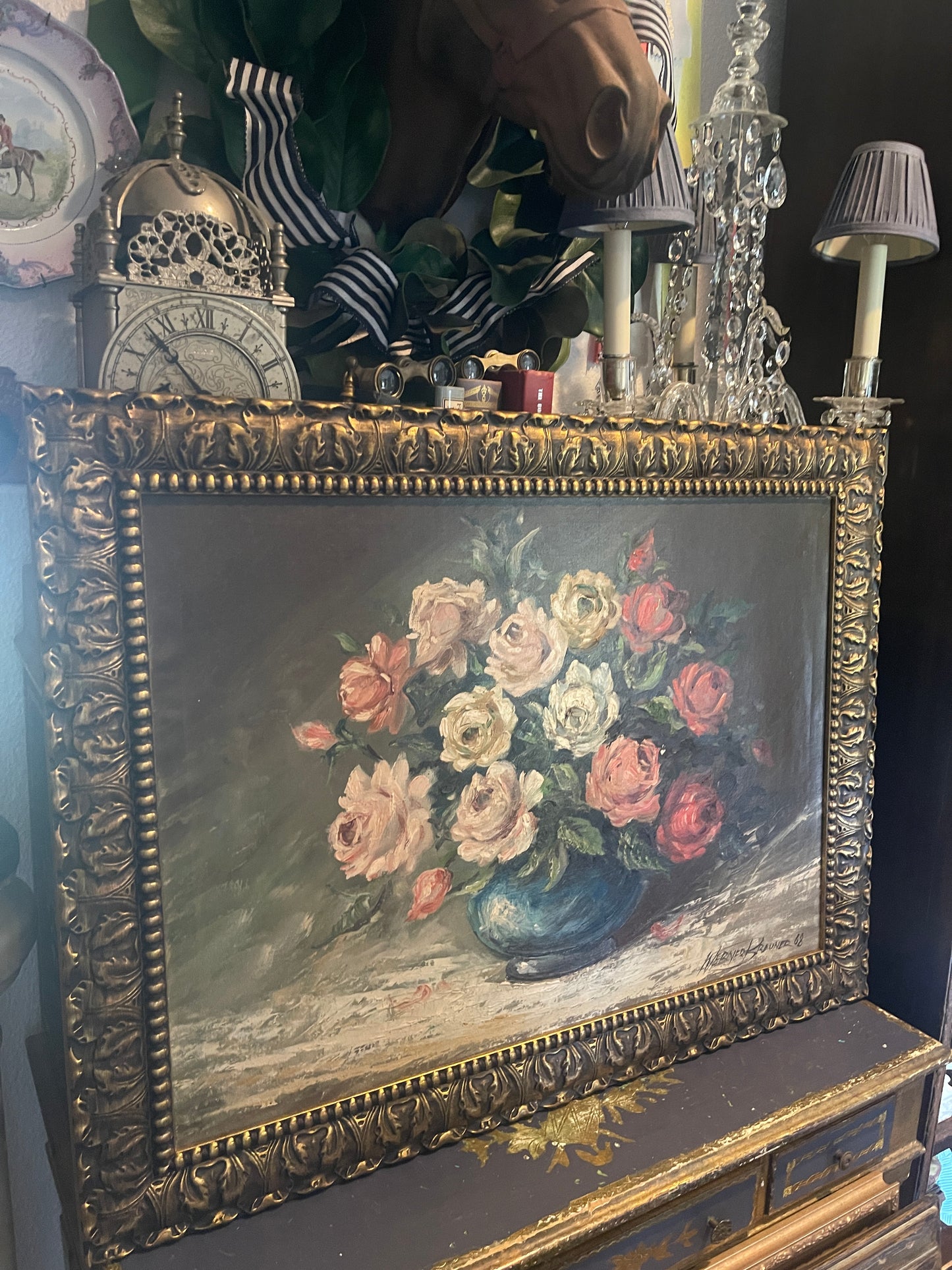 Vintage Floral Still Life, Vased Roses Oil Painting, Artist Signed and Dated