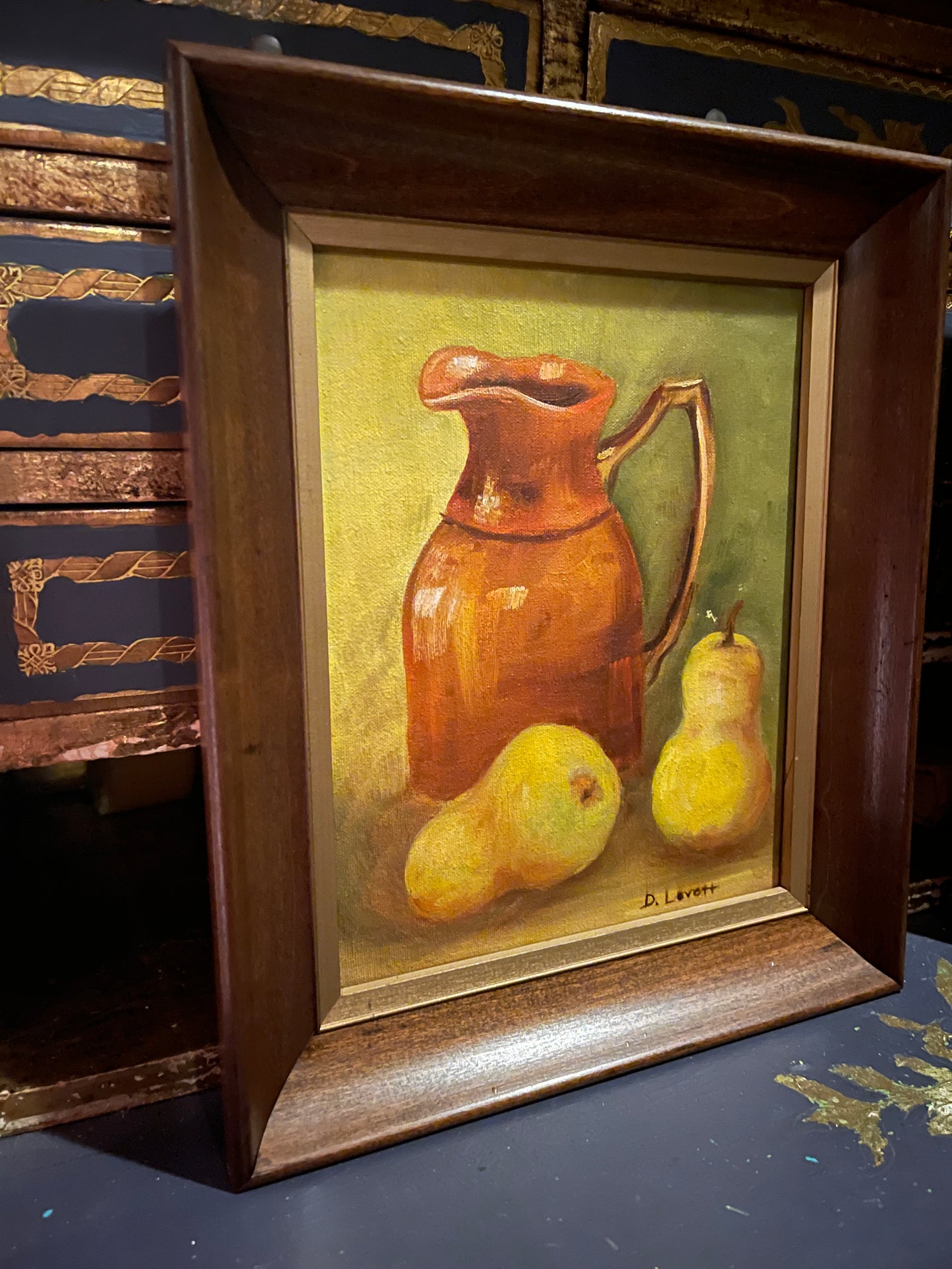 Vintage Pear and Copper Pitcher Still Life Painting