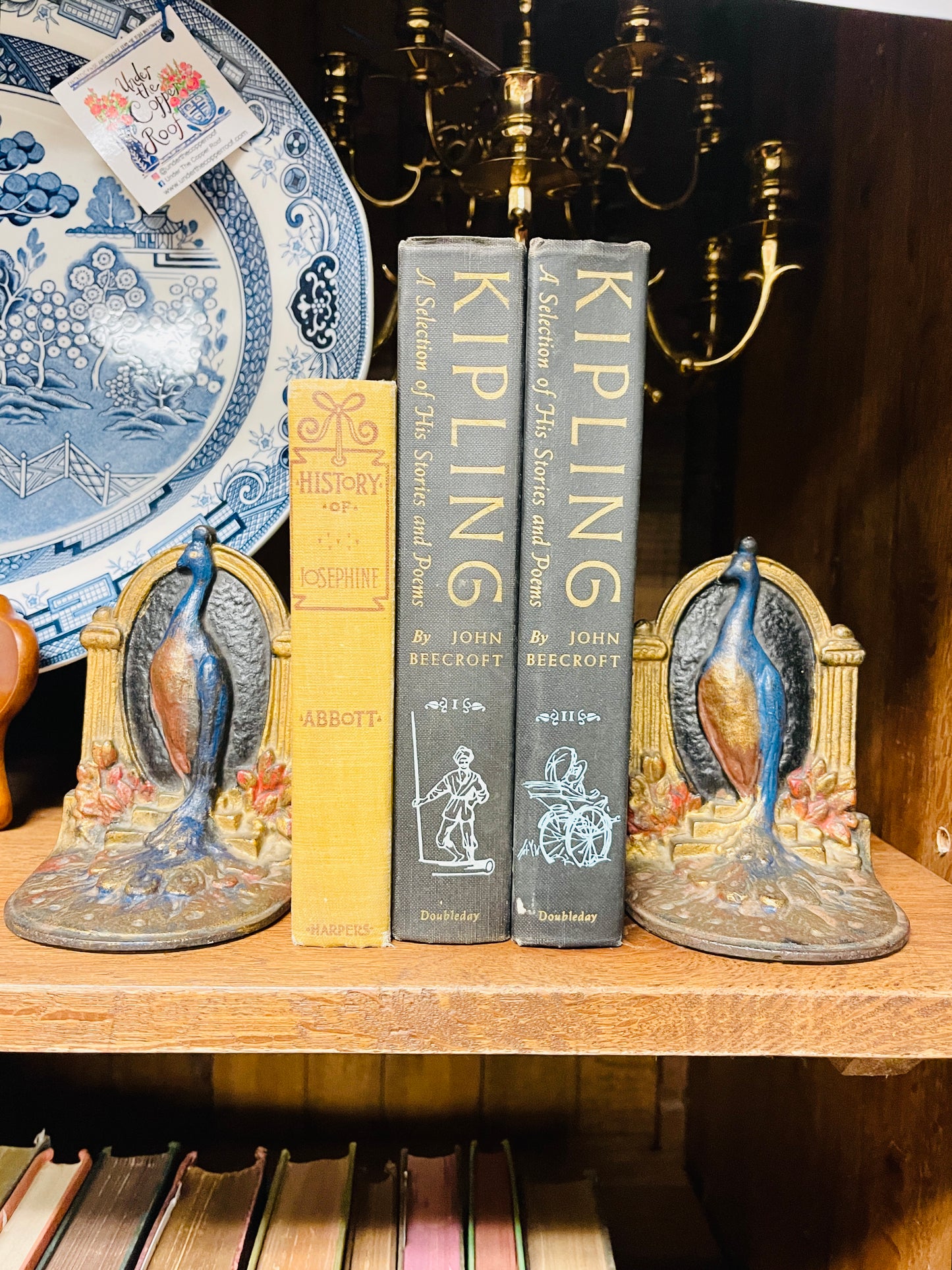Vintage Art Nouveau Peacock Bookends, Hand Painted Cast Iron
