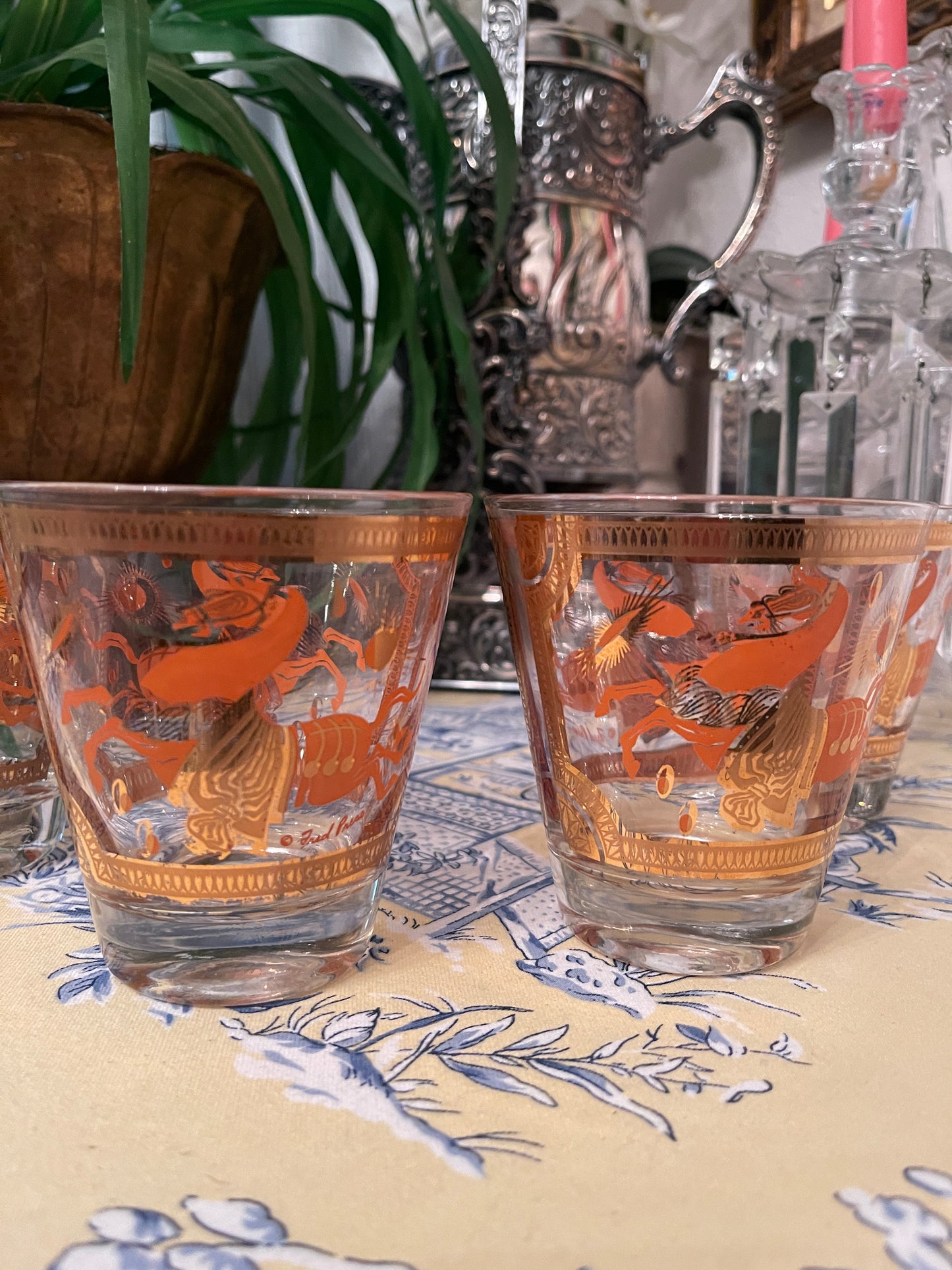 Vintage Fred Press Orange and 22kt Gold Trojan Horse Lowball Glasses, Set of Four