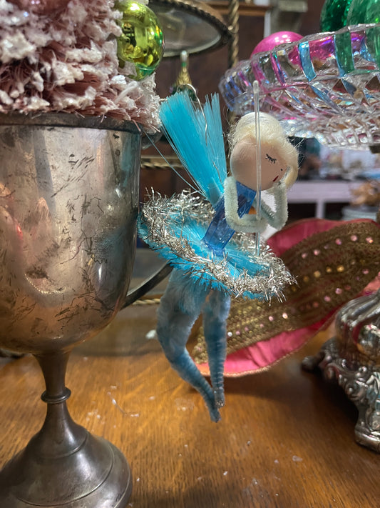 Vintage Handmade Angel Ballerina Ornament – Turquoise Tutu, Tinsel Trim & Shimmering Wings