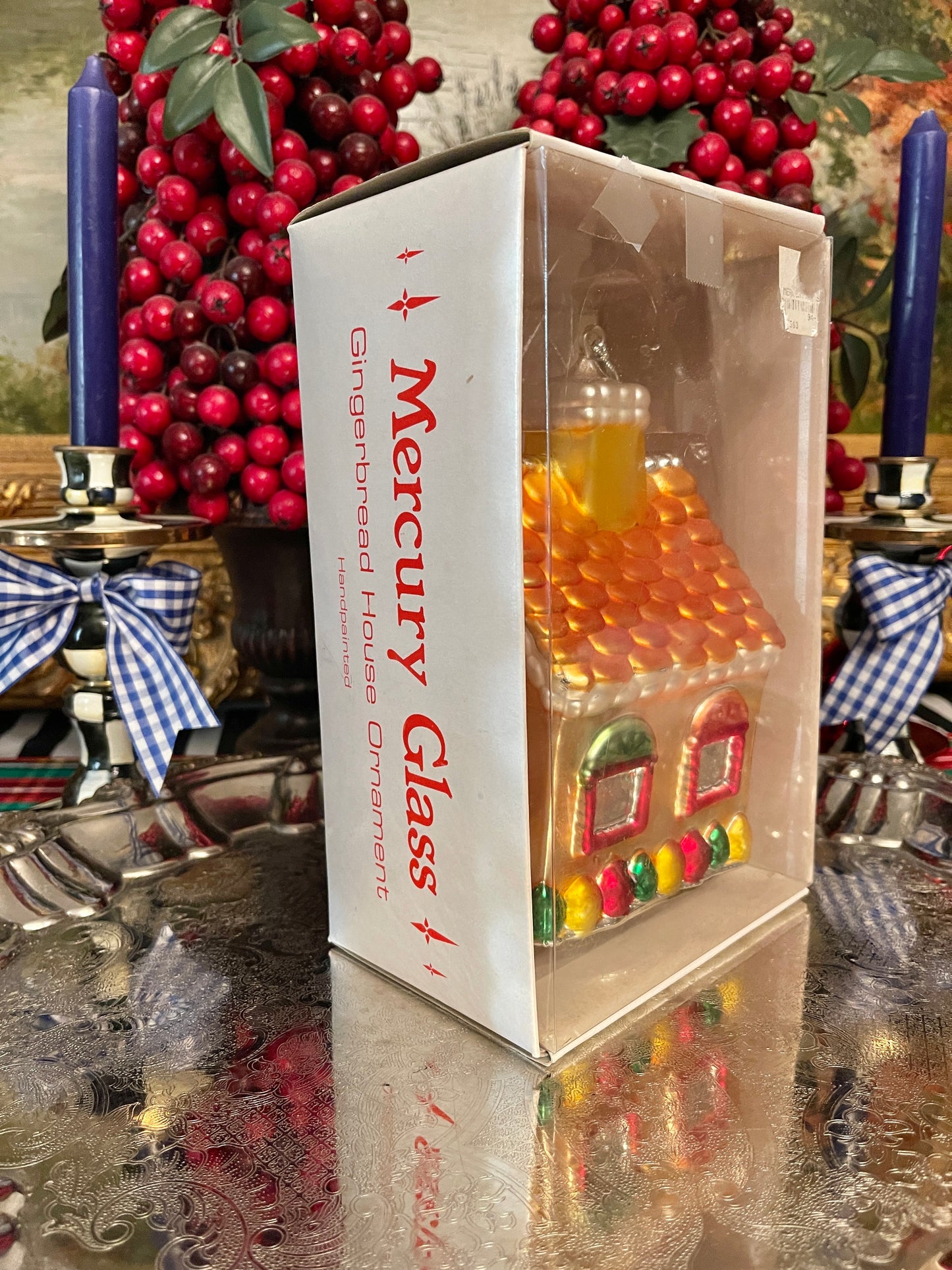 XLARGE Vintage Hand Painted Dept 56 Gingerbread House Mercury Glass Ornament