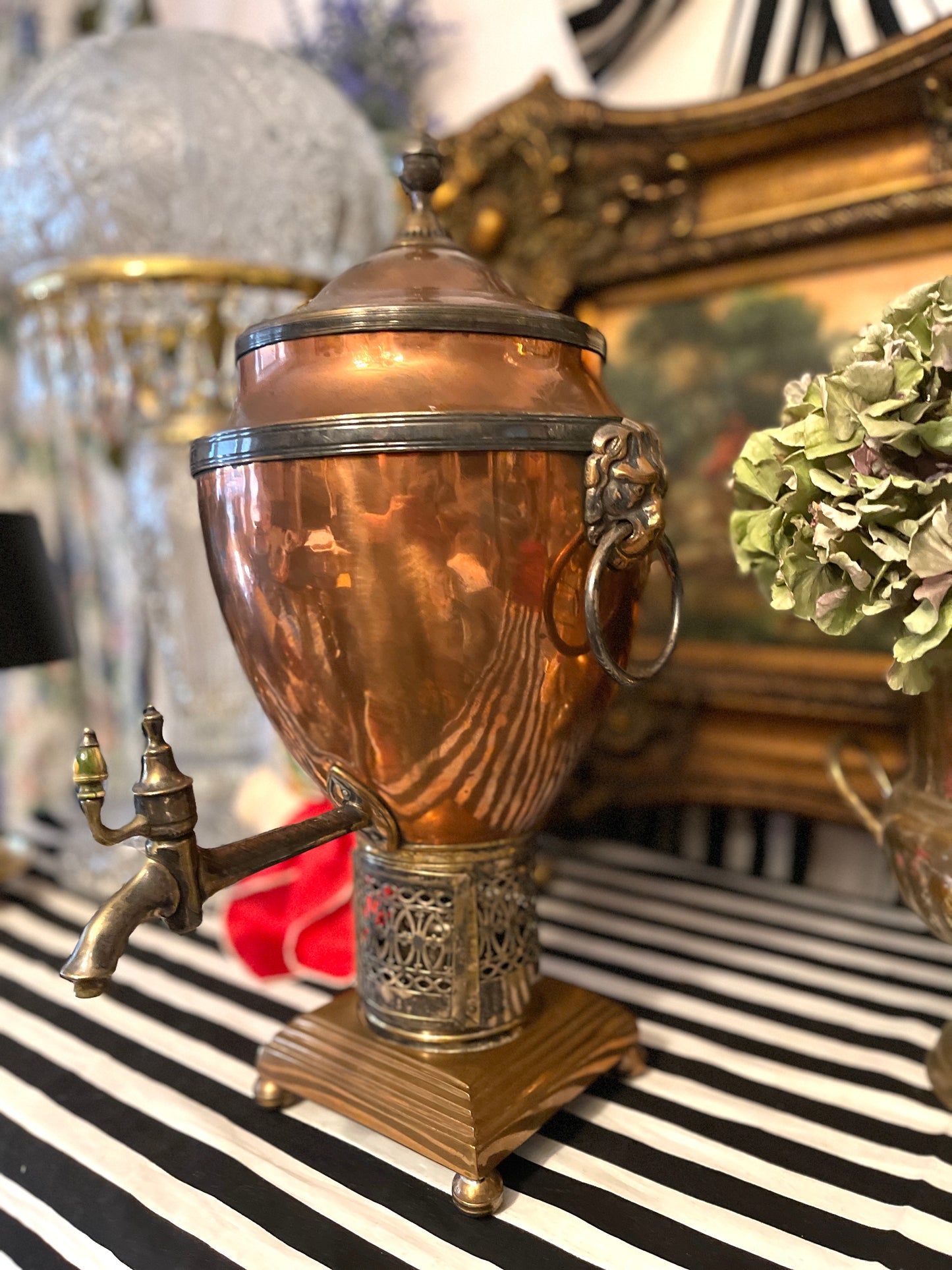 Adam Style Neoclassical Copper & Brass
Samovar with Lion Head Rings and Stepped Base