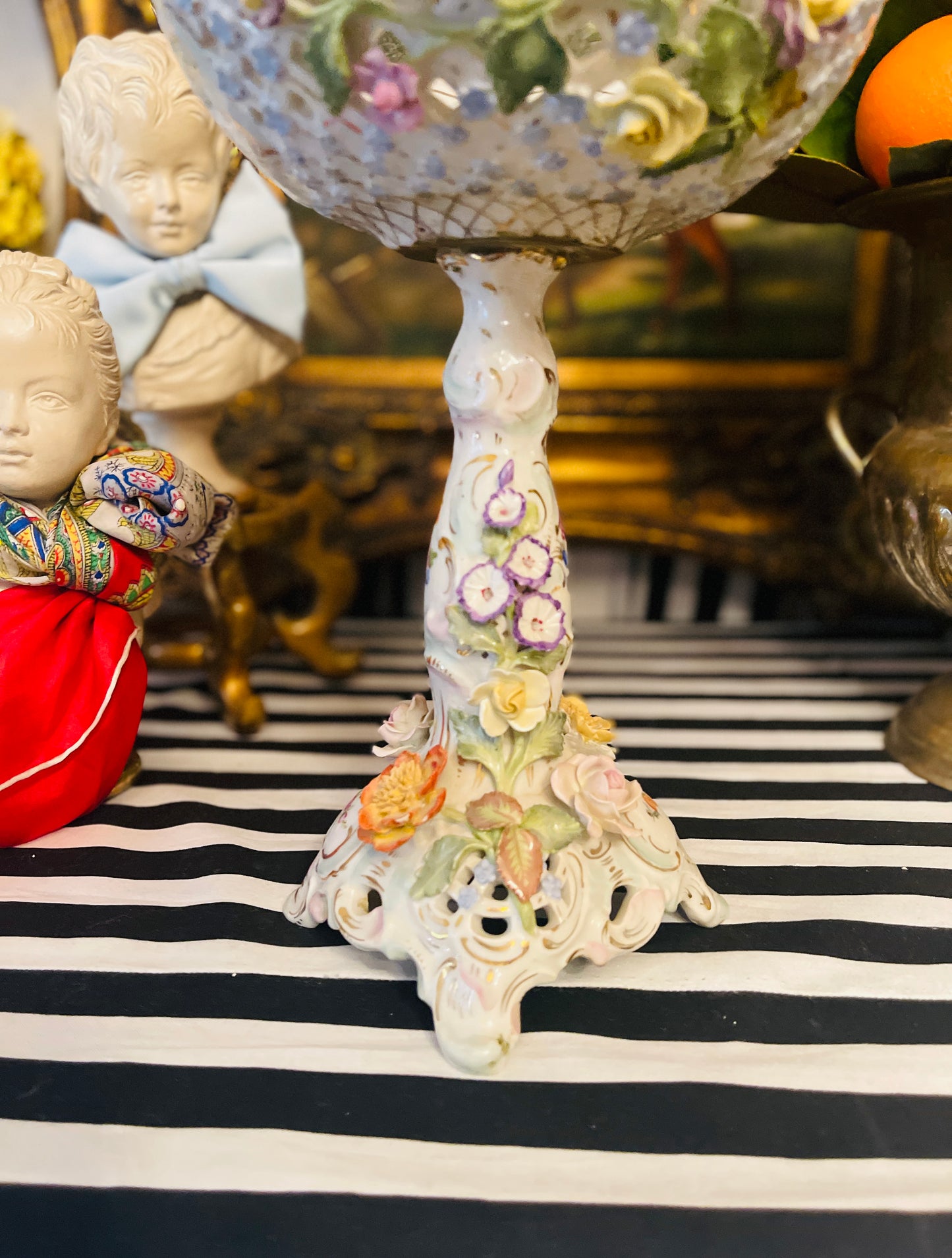 Antique Dresden Footed Reticulated Baroque Compote, Hand Painted Pink Bows and Applied Flowers
