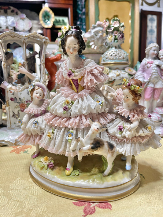 Antique Dresden Lace Porcelain Figurine Group | Mother & Daughters with Frolicking Goat | Pink & White Rococo Dress Scene