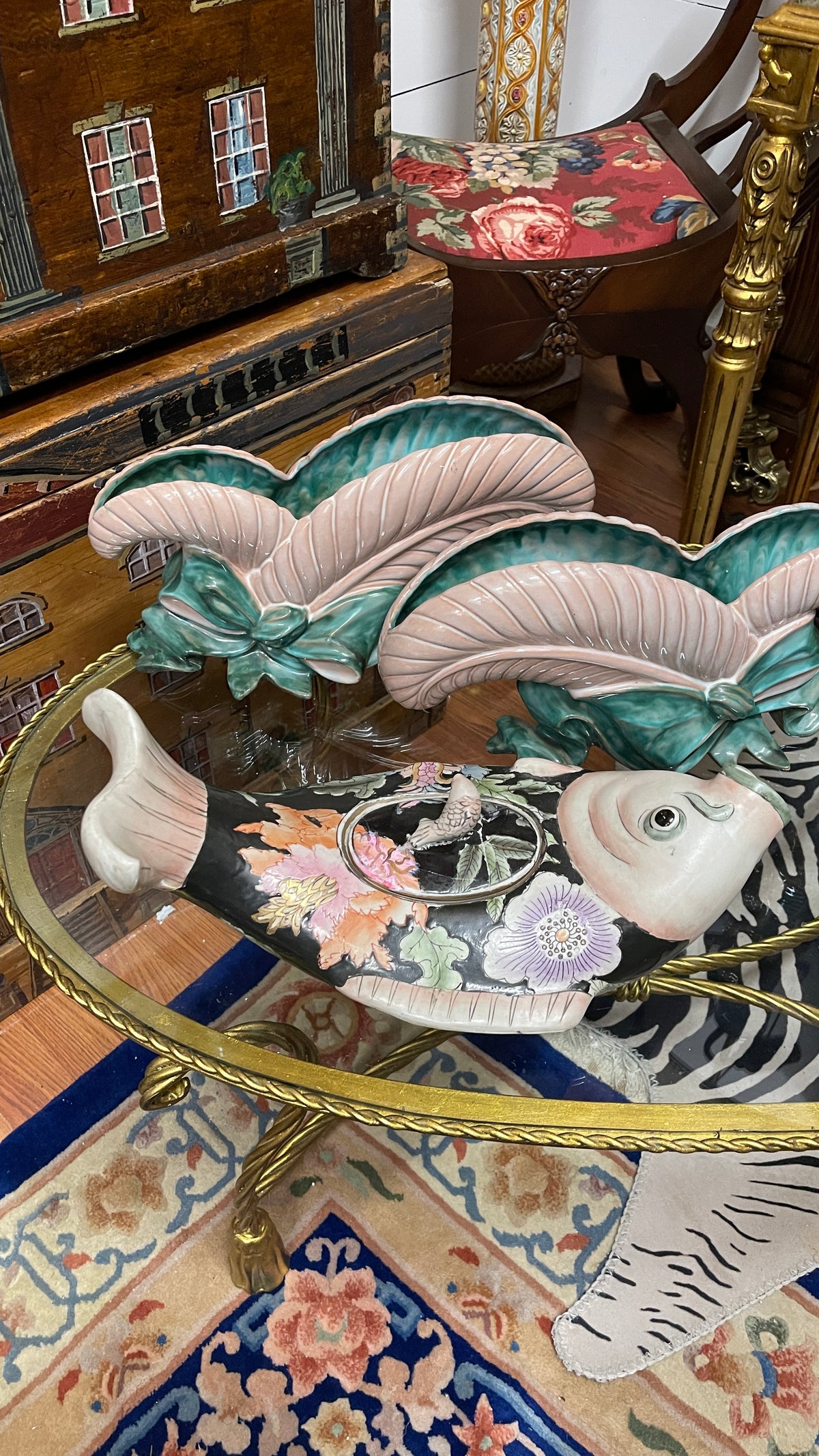 Vintage Chinoiserie Famille Noire Fish-Form Lidded Vessel
