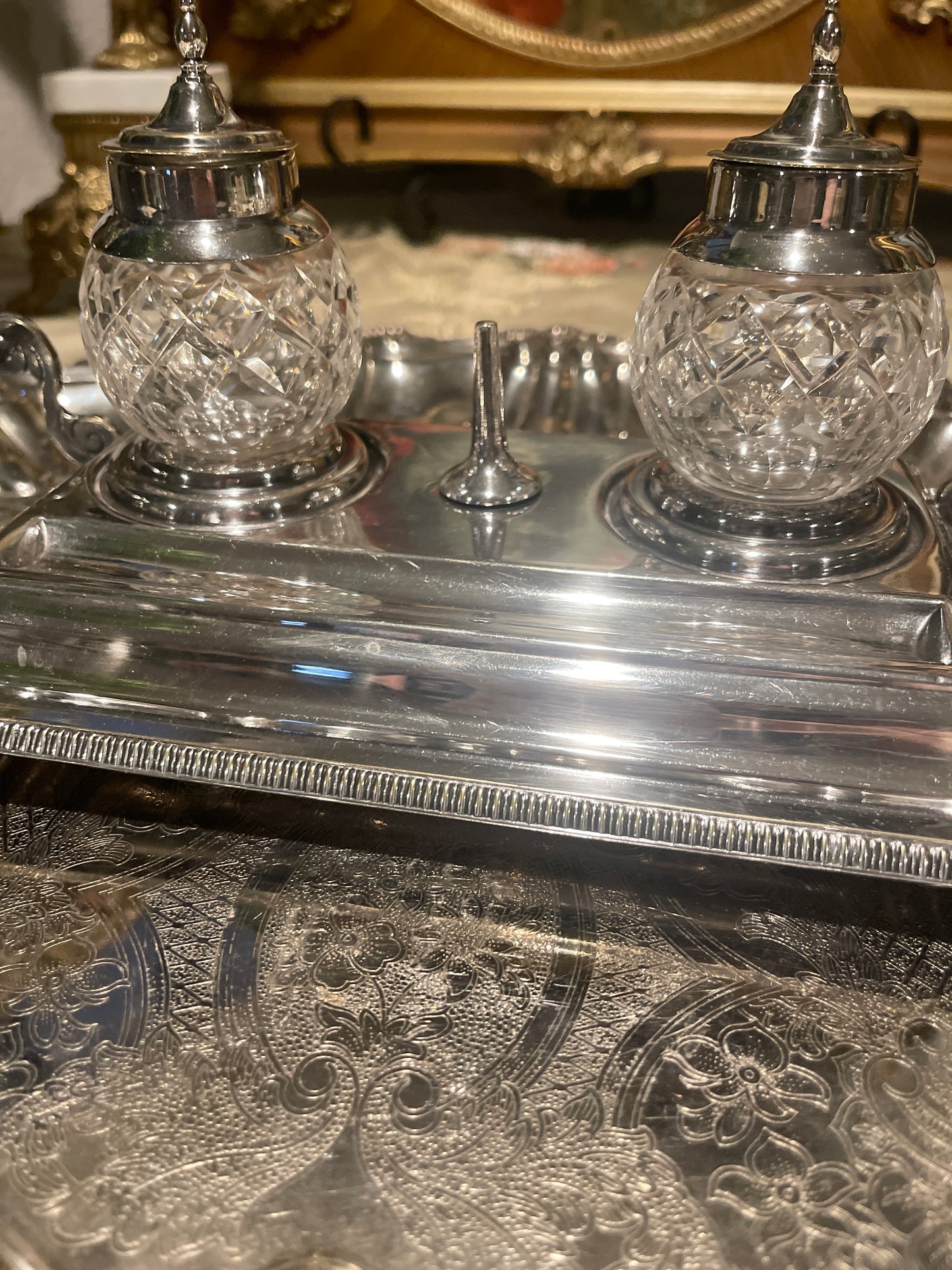 Classic Silver Plate and Cut Crystal Ink Well, Estate Decor