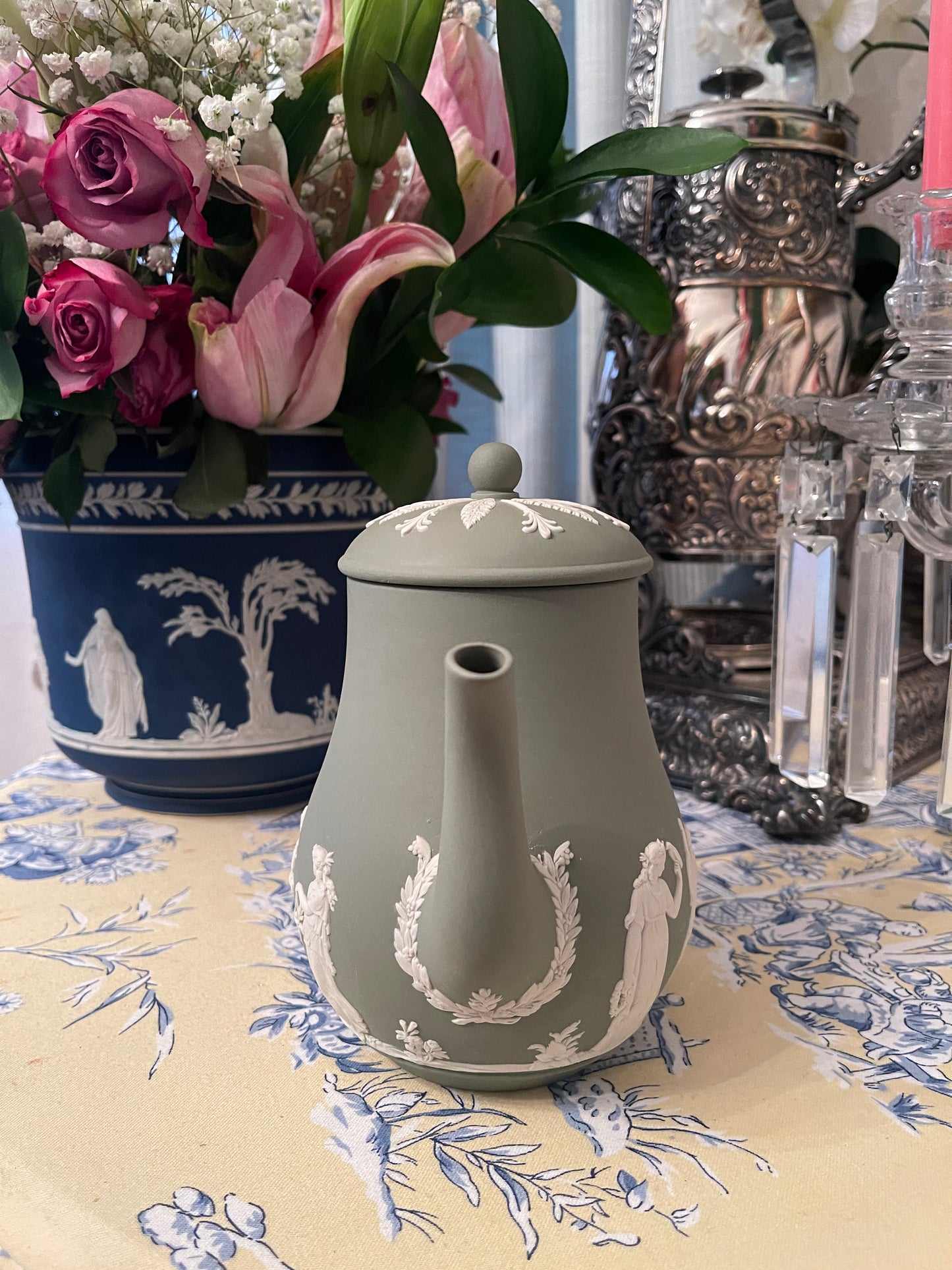 Wedgwood Cream on Sage Jasperware Coffee Pot with Lid, Vintage
