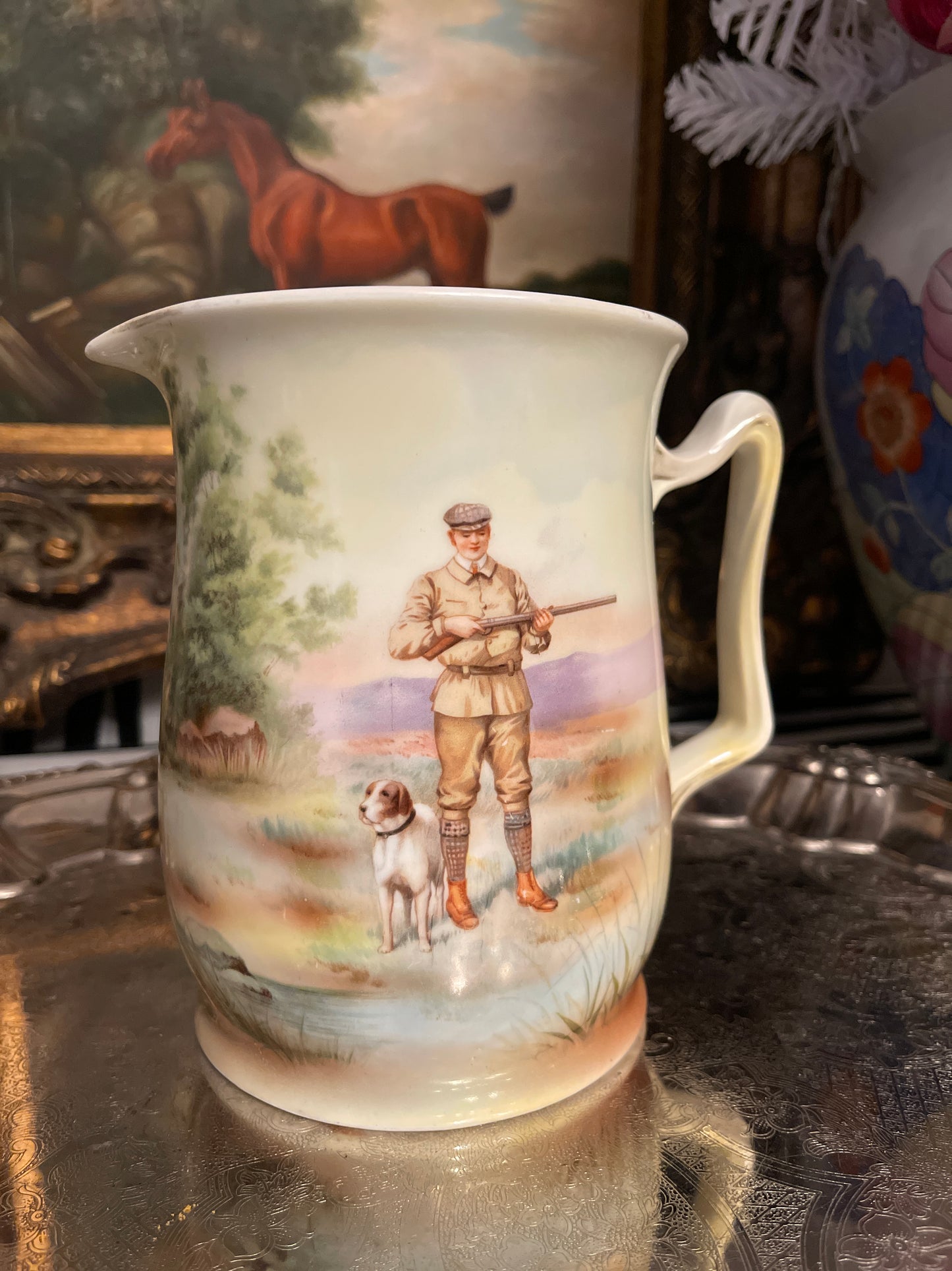Royal Bayreuth Bavaria Pheasant Hunt Scene Pitcher, Vintage