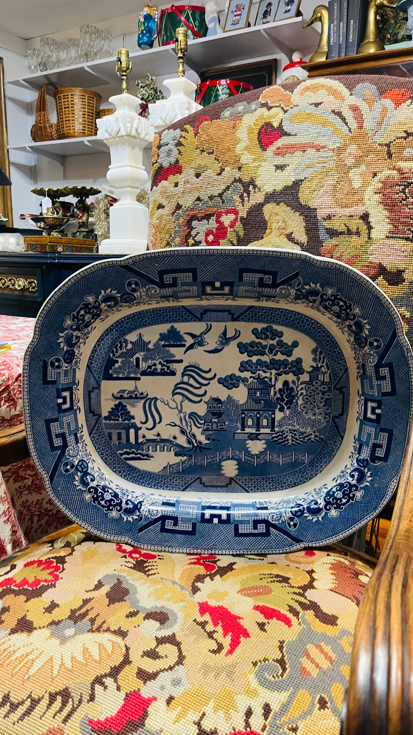 19th-Century English Staffordshire Blue Willow Transferware Platter – 22”