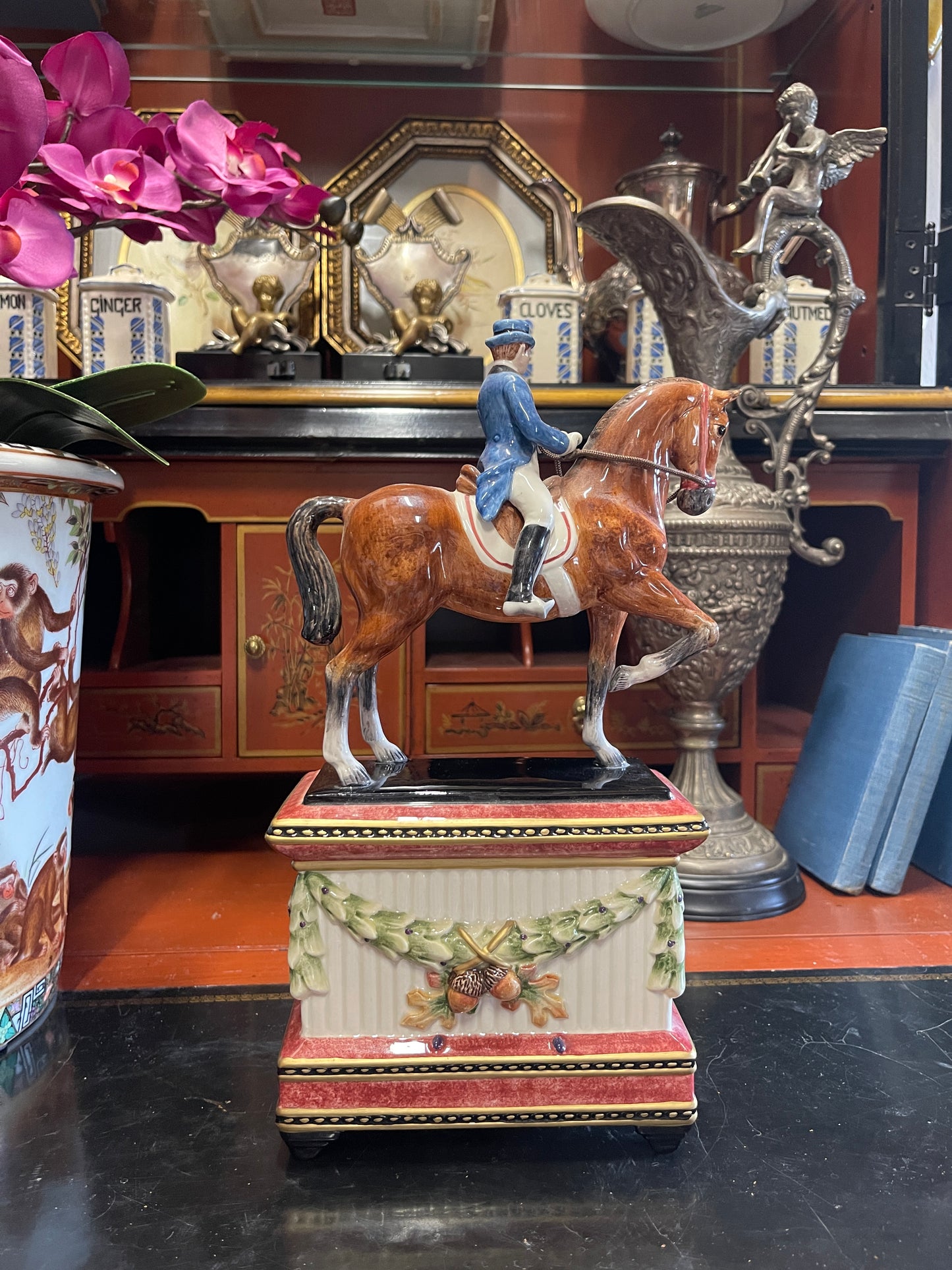 Fitz and Floyd Equestrian Clock Sculpture – Dressage Horse and Rider Figurine