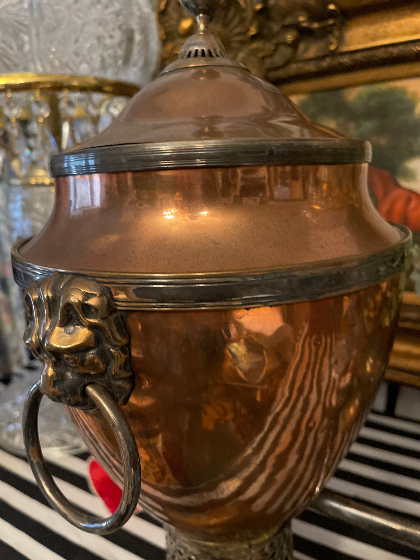 Adam Style Neoclassical Copper & Brass
Samovar with Lion Head Rings and Stepped Base