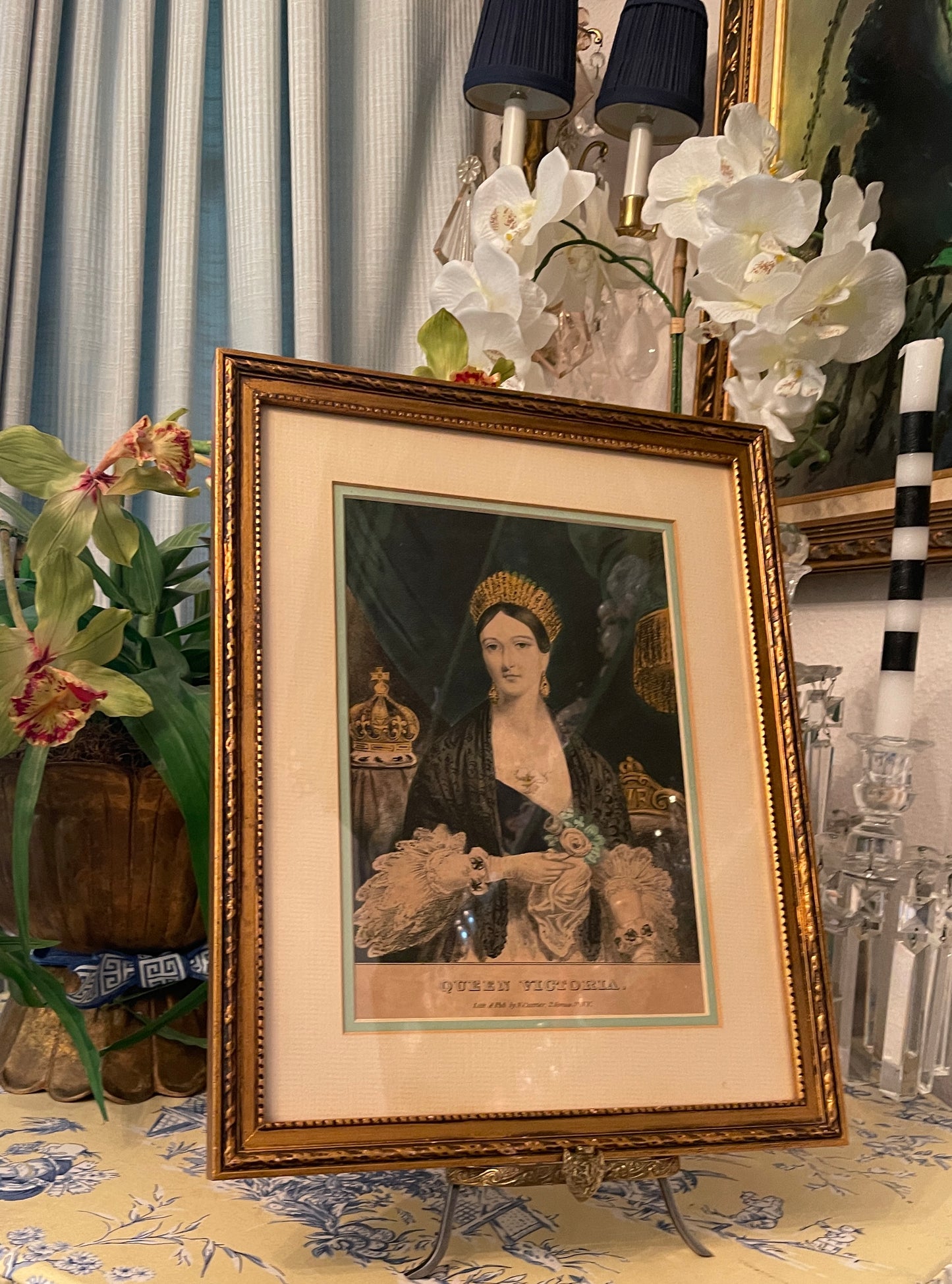 Stunning Queen Victoria Hand Colored Antique Lithograph by Nathaniel Currier, Estate Decor