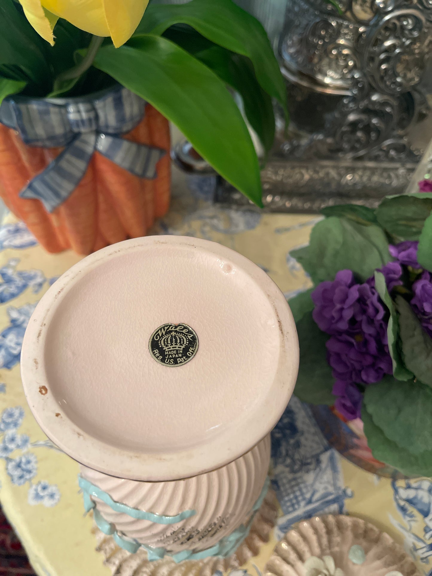 Wales Pedestal Lidded Pink Candy Dish with Applied Roses and Ribbon Lettering, Made in Japan