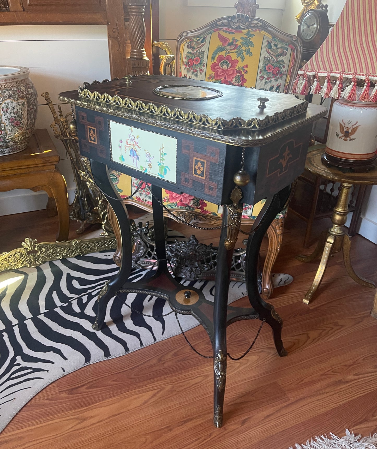 Antique Neoclassical Jardiniere Planter Table with Ormolu Detail and Painted Porcelain, Napoleon III, French Antique, Bronze, Estate Decor