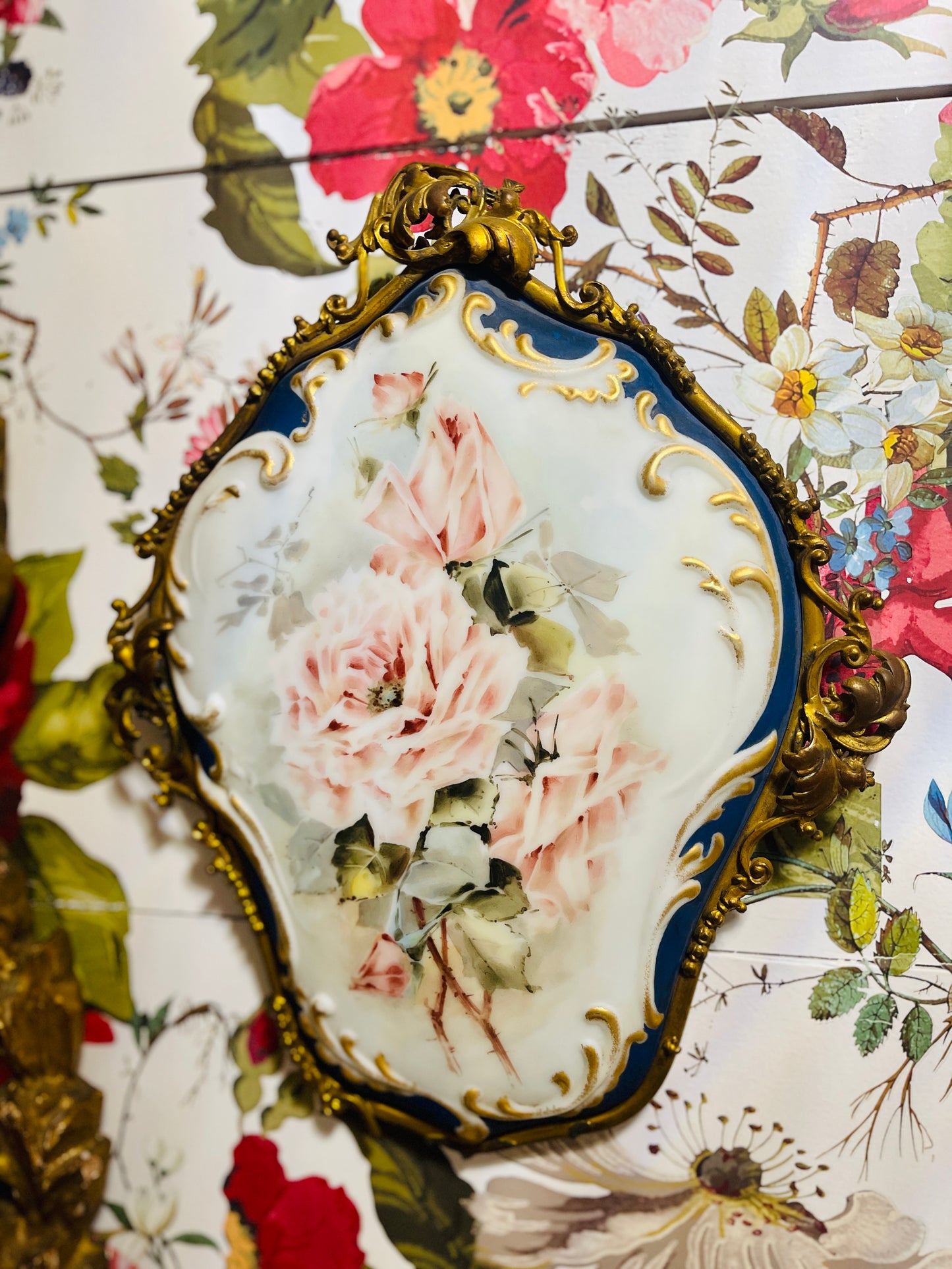 Antique Wave Crest Porcelain Plaque, Pink Roses on Opaque White with Gold Rococo Scrolled Metal Border