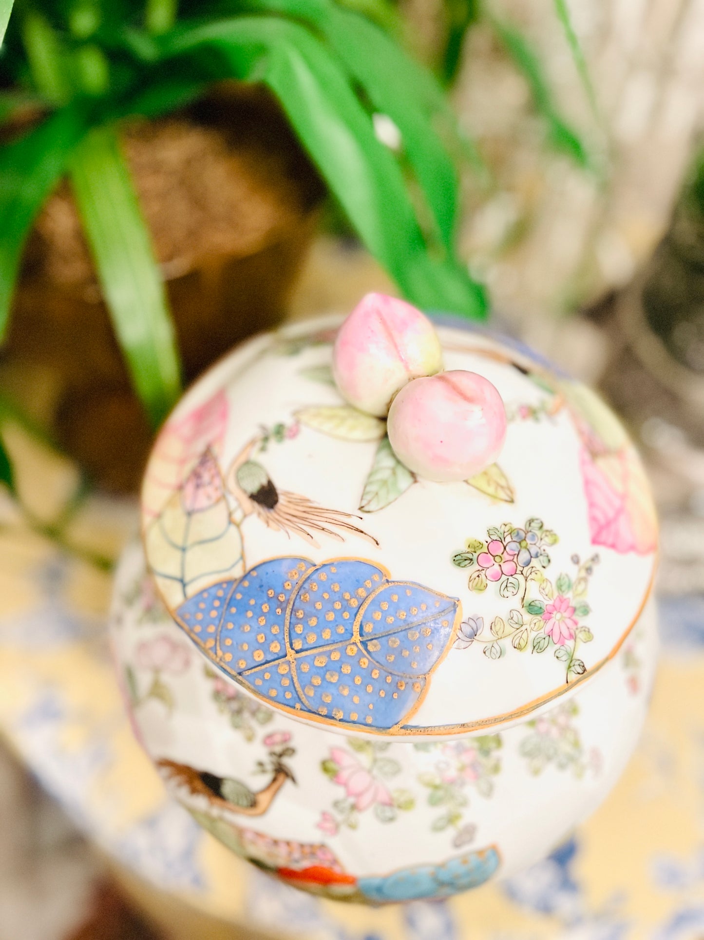 Large Tobacco Leaf Lidded Jar with Applied Fruit and Enamel Foliage