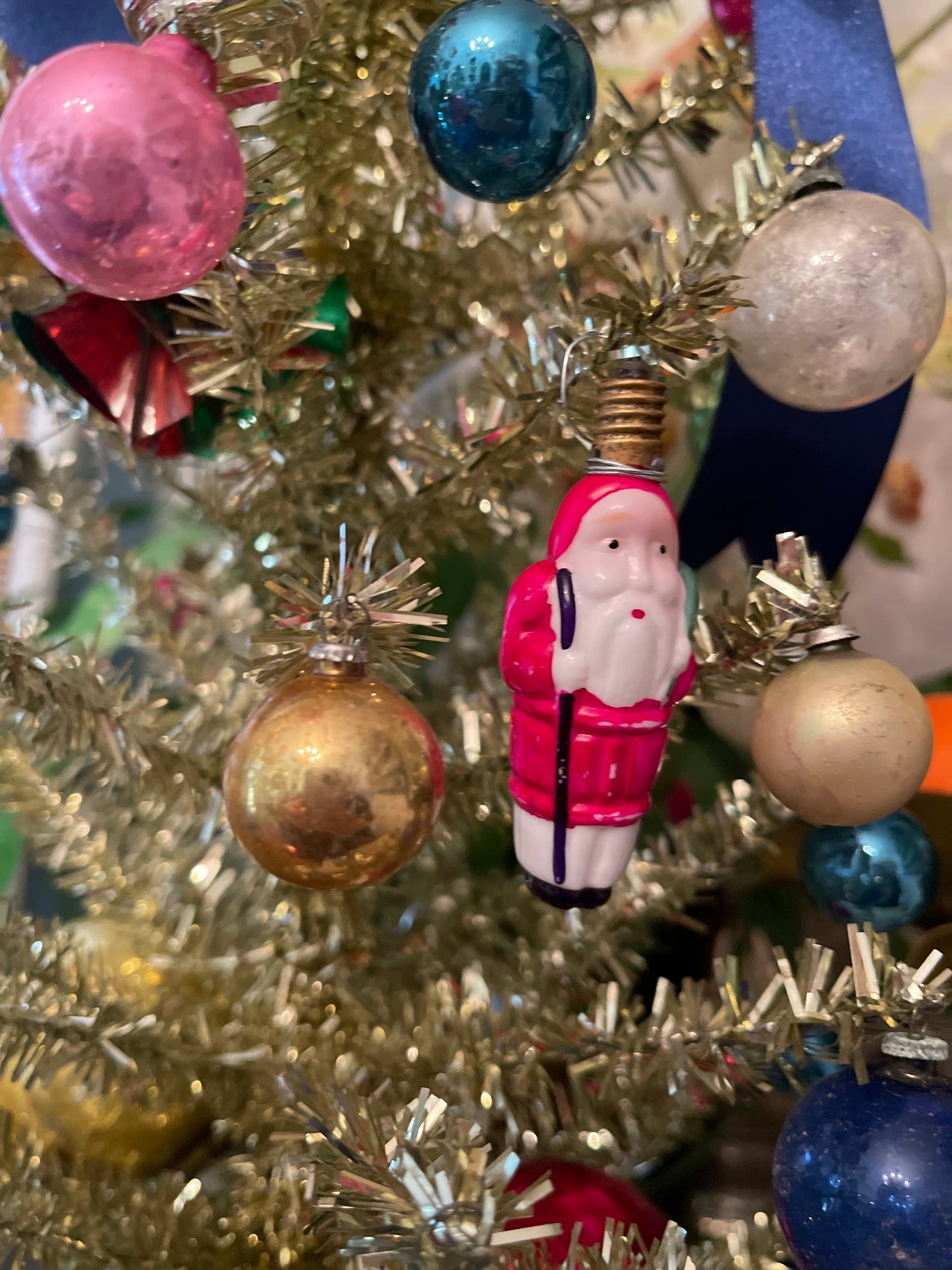 Vintage St Nicholas with Walking Stick and Green Sack Figural Milk Glass Light Bulb, Holiday Estate Decor