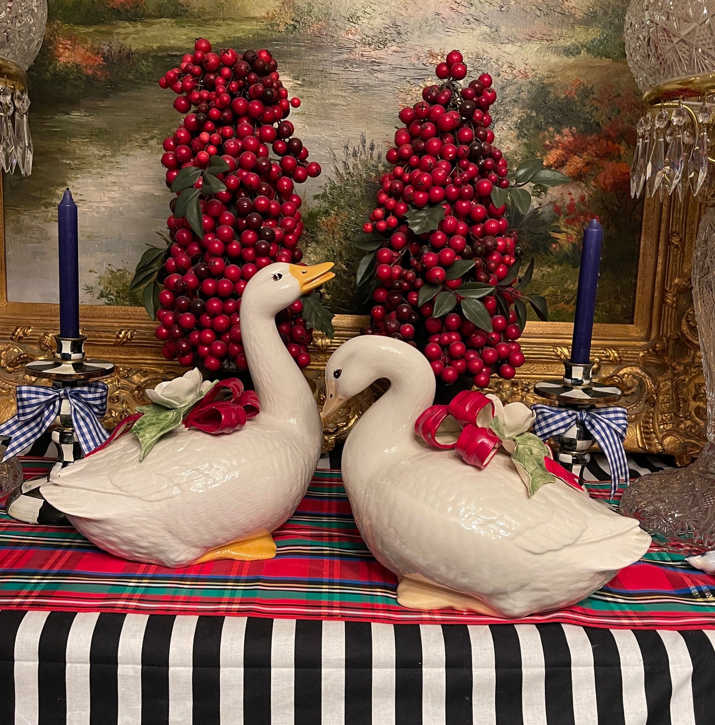 Vintage Christmas Geese with White Flowers and Red Bows, Hand Painted