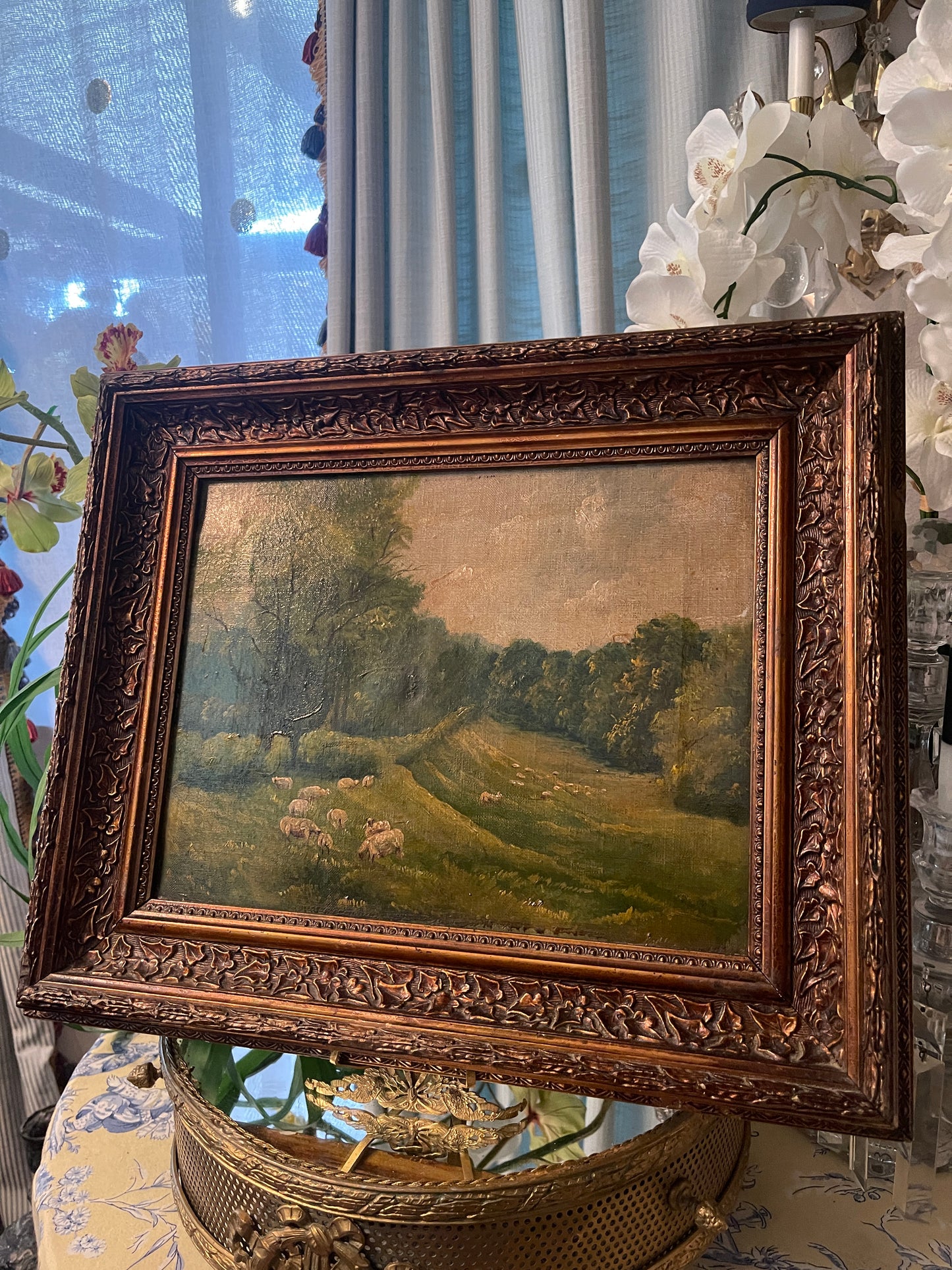 19th Century French Pastoral Oil Painting of Sheep Grazing — Antique Landscape with Varnished Finish