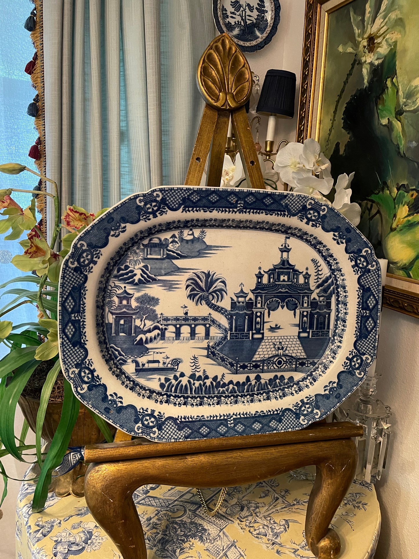 Antique English Chinoiserie Platter – 20” Date Palm & Royal Barge Blue Transferware | Early 1800s Orientalist Pattern Serving Dish