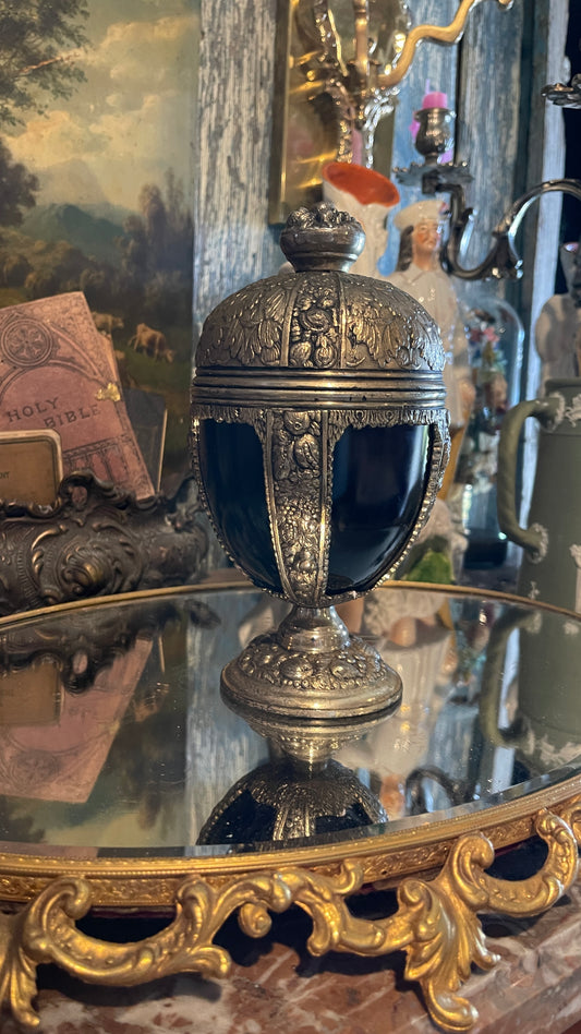 Cobalt & Abundance — Blue Glass Covered Urn with Floral & Fruit Metalwork | 8.5” H × 4” W