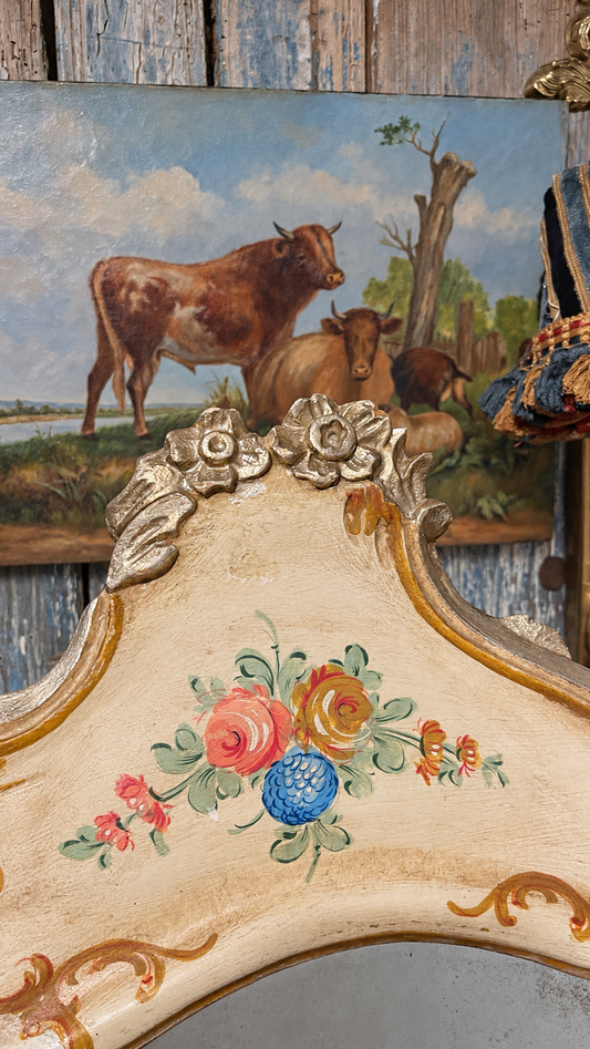 Antique Carved Wood Mirror with Hand-Painted Florals, Gilt & Silver Details