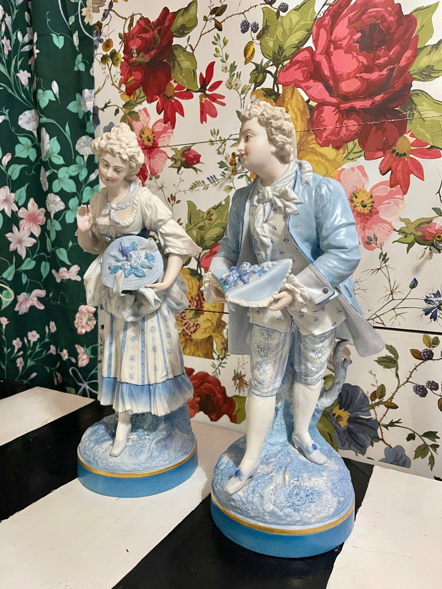 Blue and White French Figural Porcelain Statuettes, European Porcelain Bisque, Hand Painted