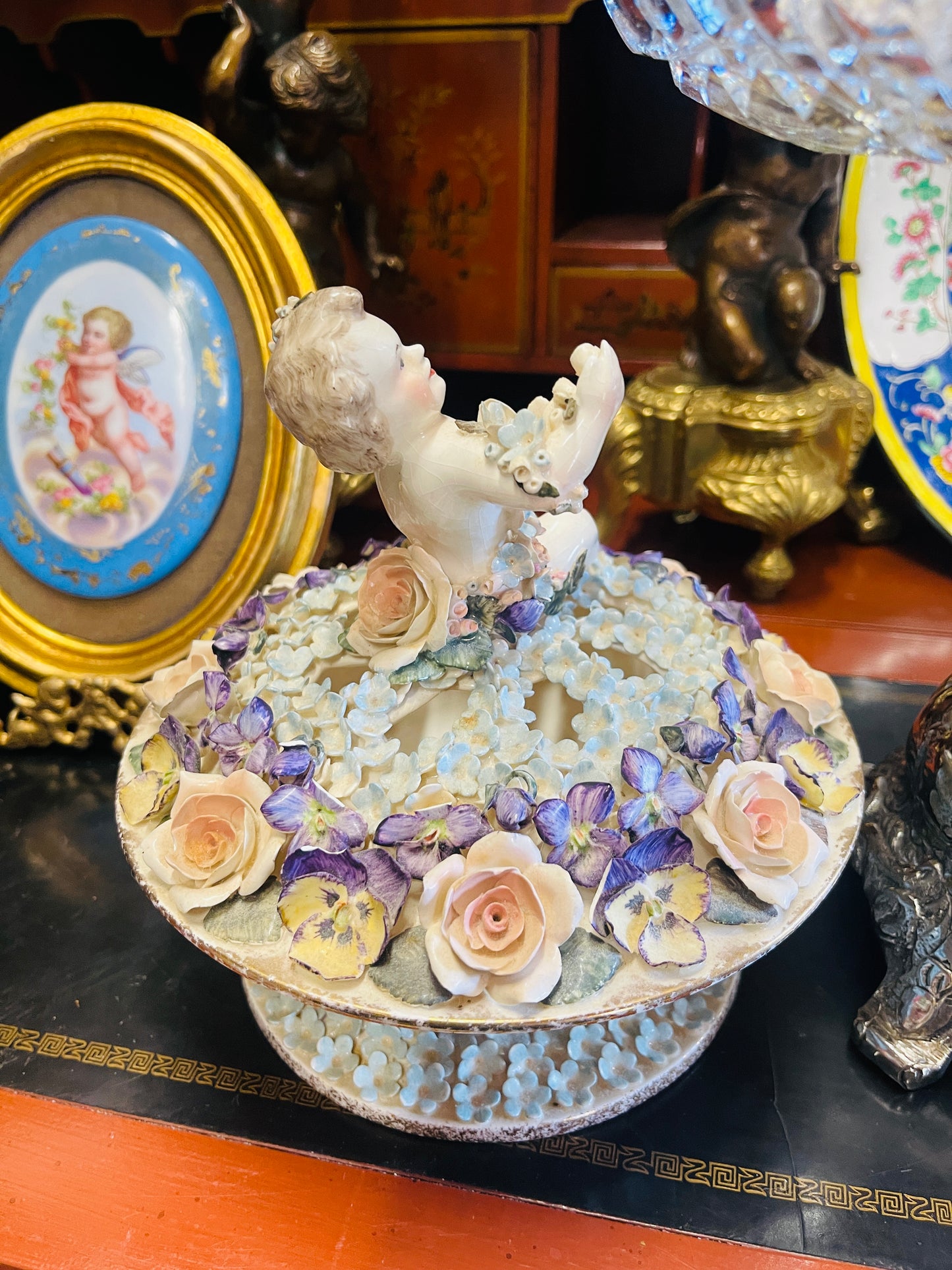 Vintage Hobe Dresden Porcelain Flower Frog with Cherub & Hand-Applied Florals, Imported by Neiman Marcus, ca. 1950s