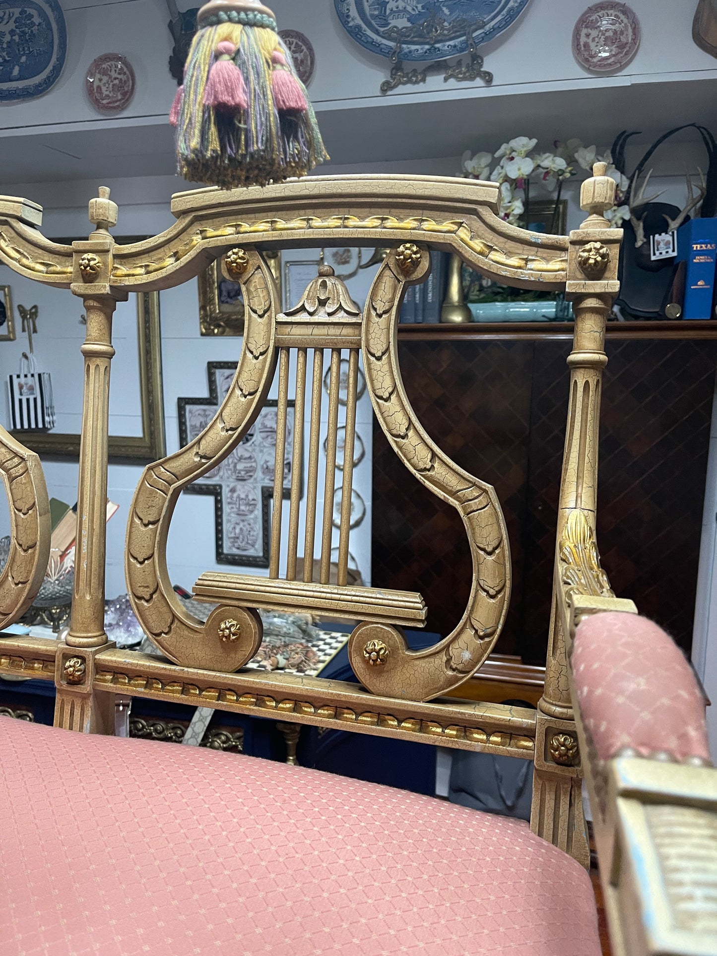 Antique Neoclassical Lyre Back Settee – Gilt Detailing & Blush Upholstery