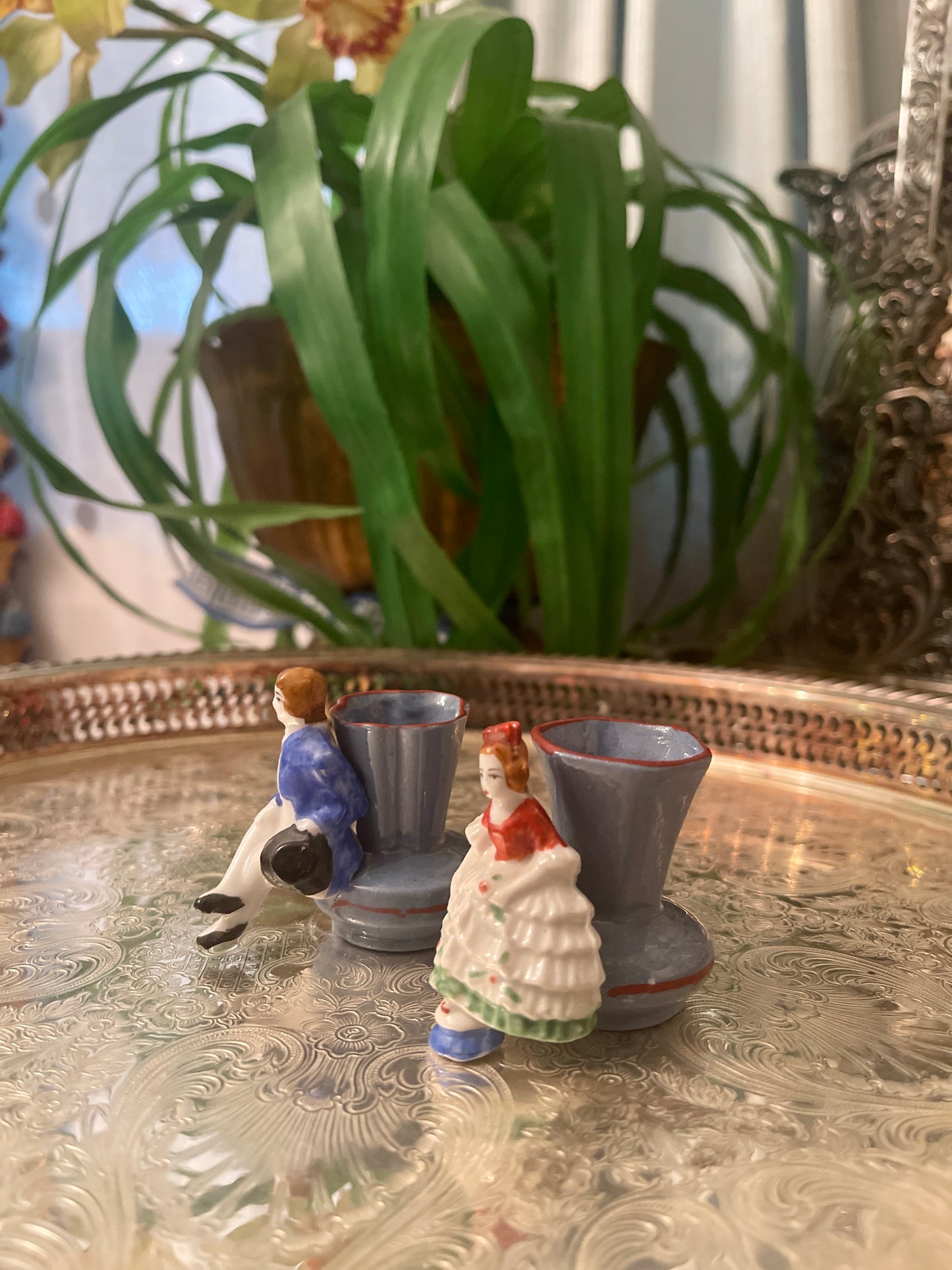 Pair of Petit French figural vases or toothpick holders, Made in Japan